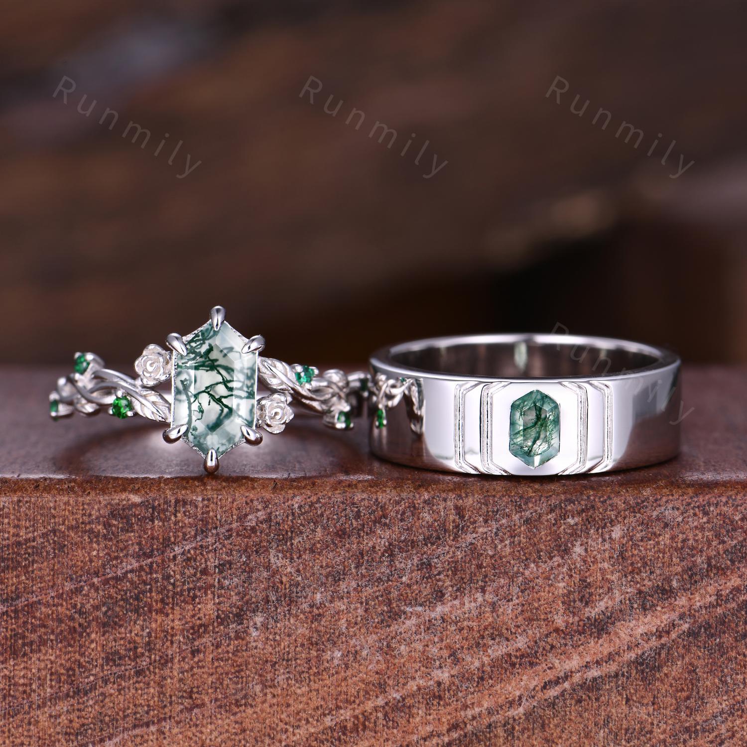 Hexagon cut Moss Agate Couples Ring Set Vintage Promise Ring For Men For Women Sterling Silver His and Hers Wedding Band Green Agate Rings