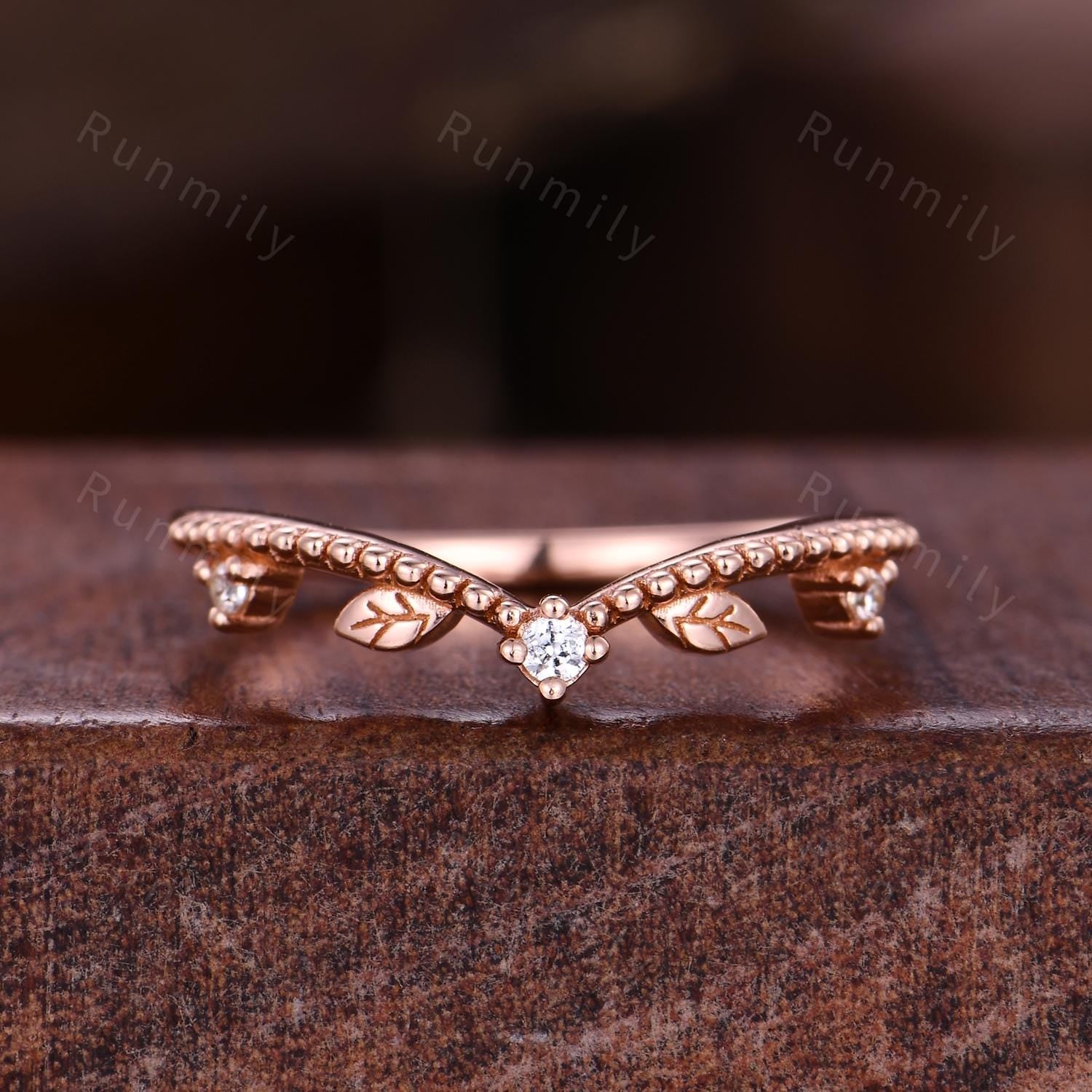 Pink Diamond Engagement ring set Round cut Ring Rose Gold Leaf Stacking Band Curved Matching Band Vintage Diamond Bridal Promise Rings