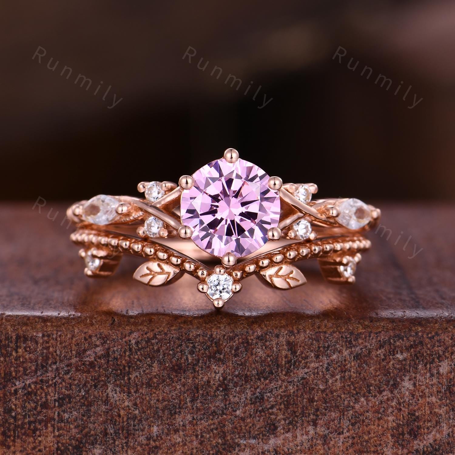 Pink Diamond Engagement ring set Round cut Ring Rose Gold Leaf Stacking Band Curved Matching Band Vintage Diamond Bridal Promise Rings