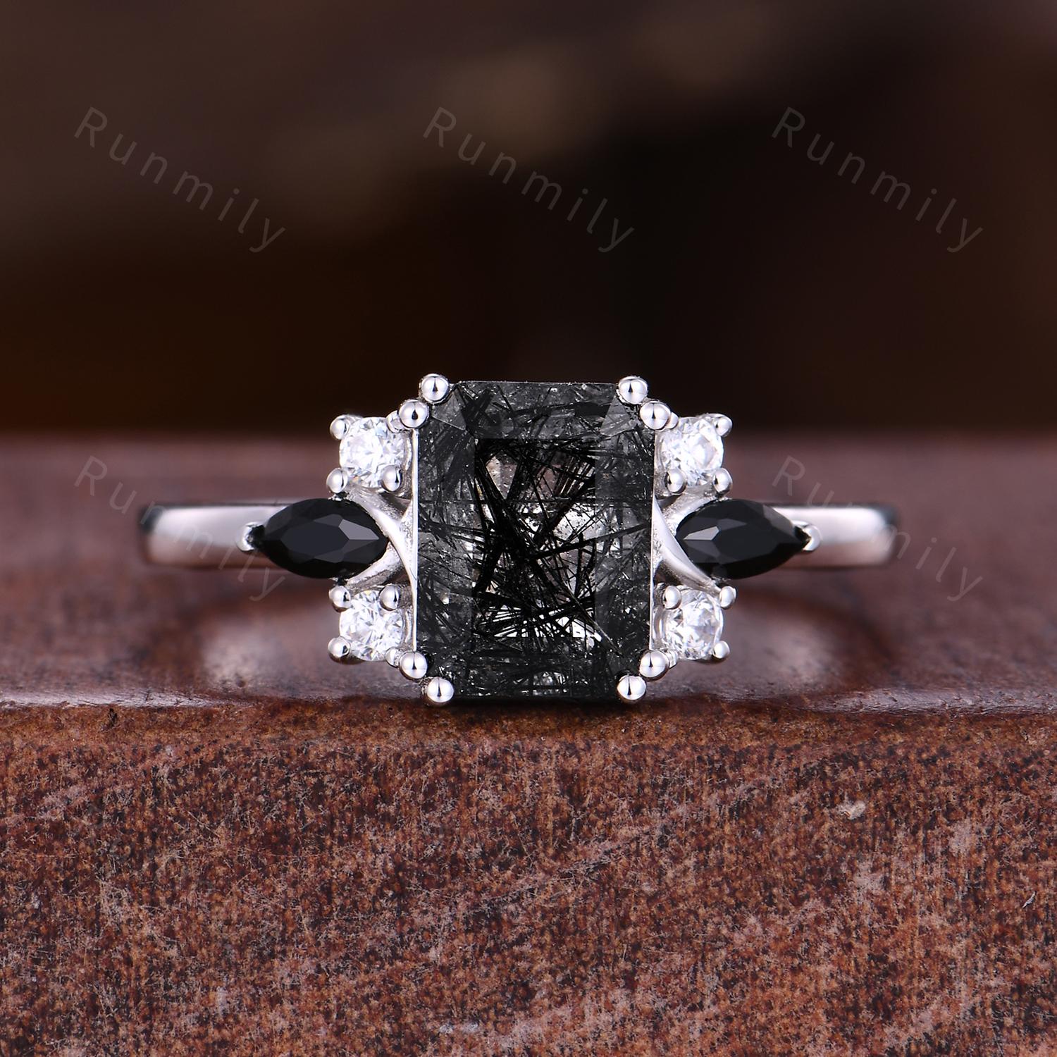 Emerald cut Black rutilated quartz couples ring silver & black tungsten ring His and Hers wedding band Unique matching couple's ring set