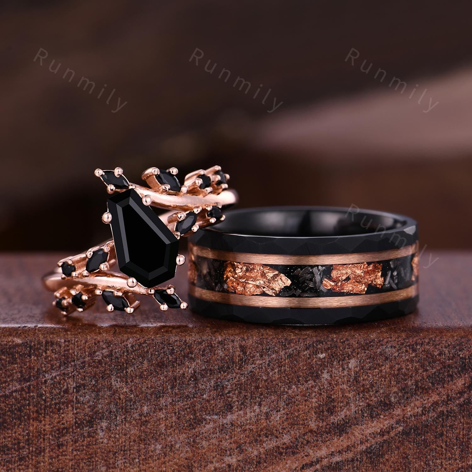Coffin cut Black Onyx Couples Ring Rose Gold & Tungsten Matching Ring Set His and Hers Wedding Band Promise Ring For Couple Black Gems Ring