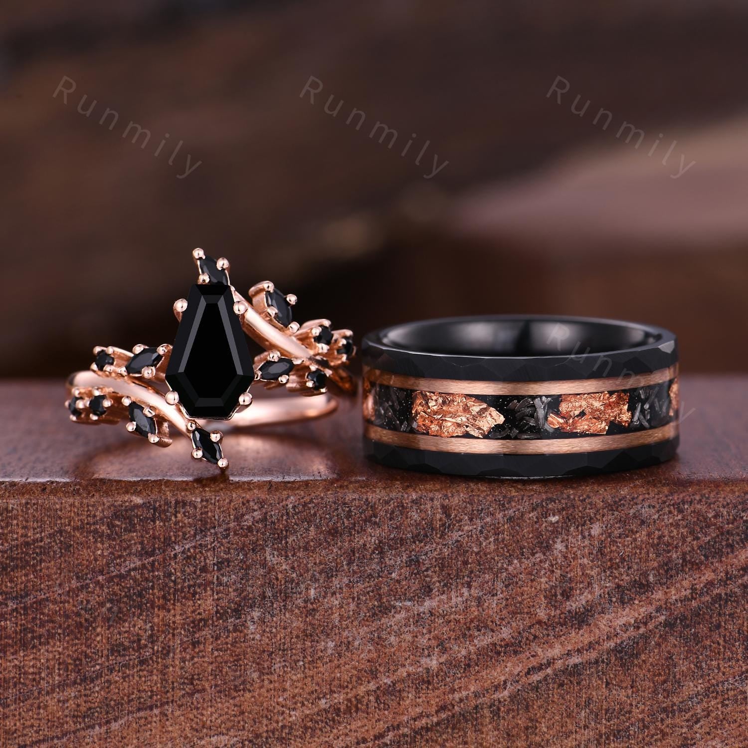 Coffin cut Black Onyx Couples Ring Rose Gold & Tungsten Matching Ring Set His and Hers Wedding Band Promise Ring For Couple Black Gems Ring