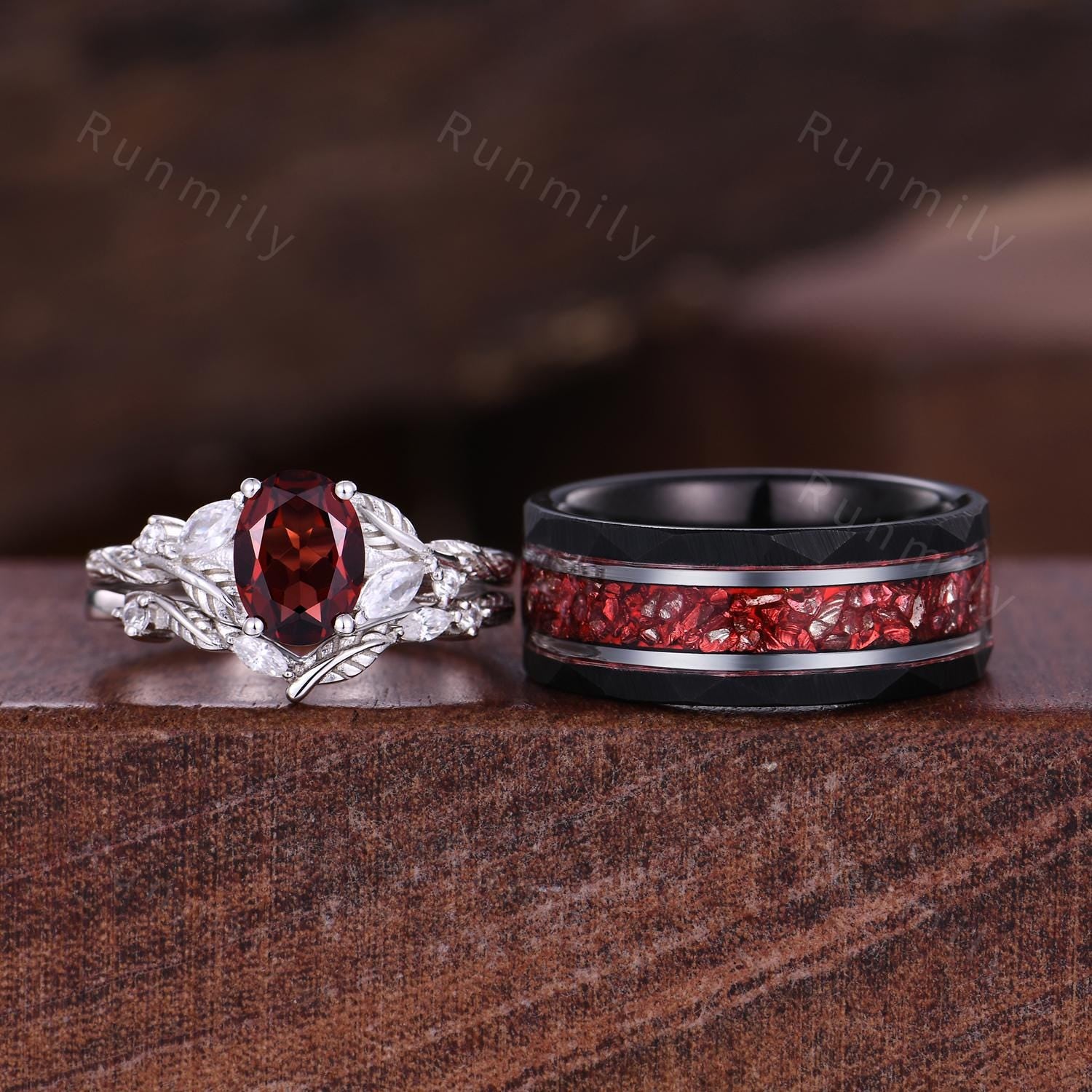 3PCS Garnet couples ring set silver branch leaf ring vintage His and Hers wedding band Mens garnet ring January anniversary ring gifts