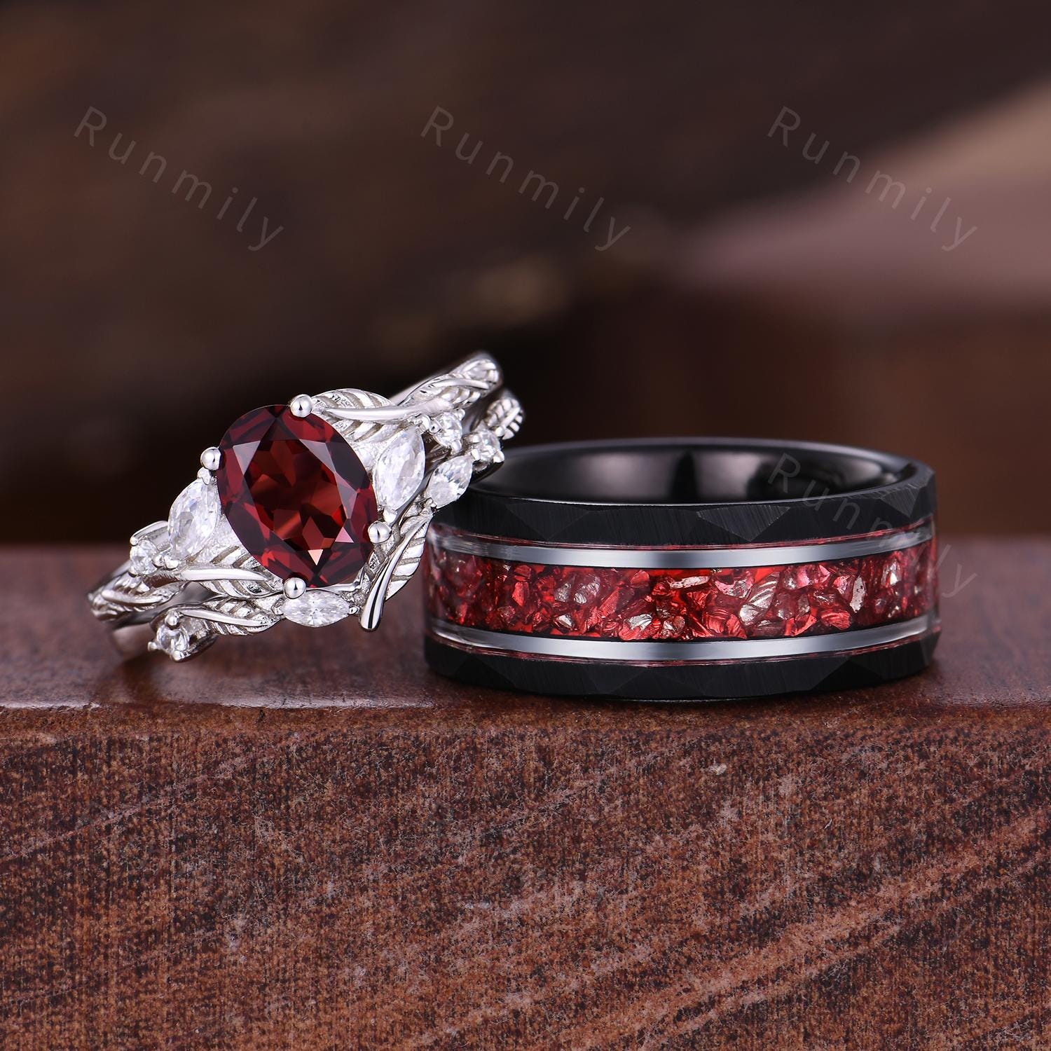 3PCS Garnet couples ring set silver branch leaf ring vintage His and Hers wedding band Mens garnet ring January anniversary ring gifts