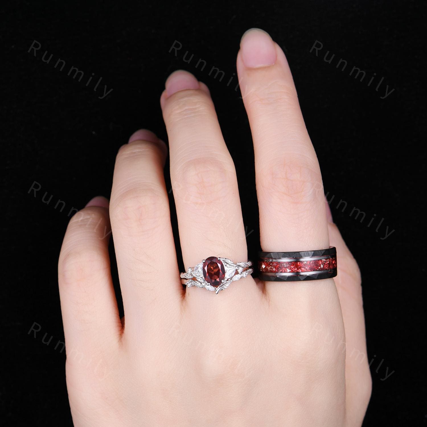 3PCS Garnet couples ring set silver branch leaf ring vintage His and Hers wedding band Mens garnet ring January anniversary ring gifts