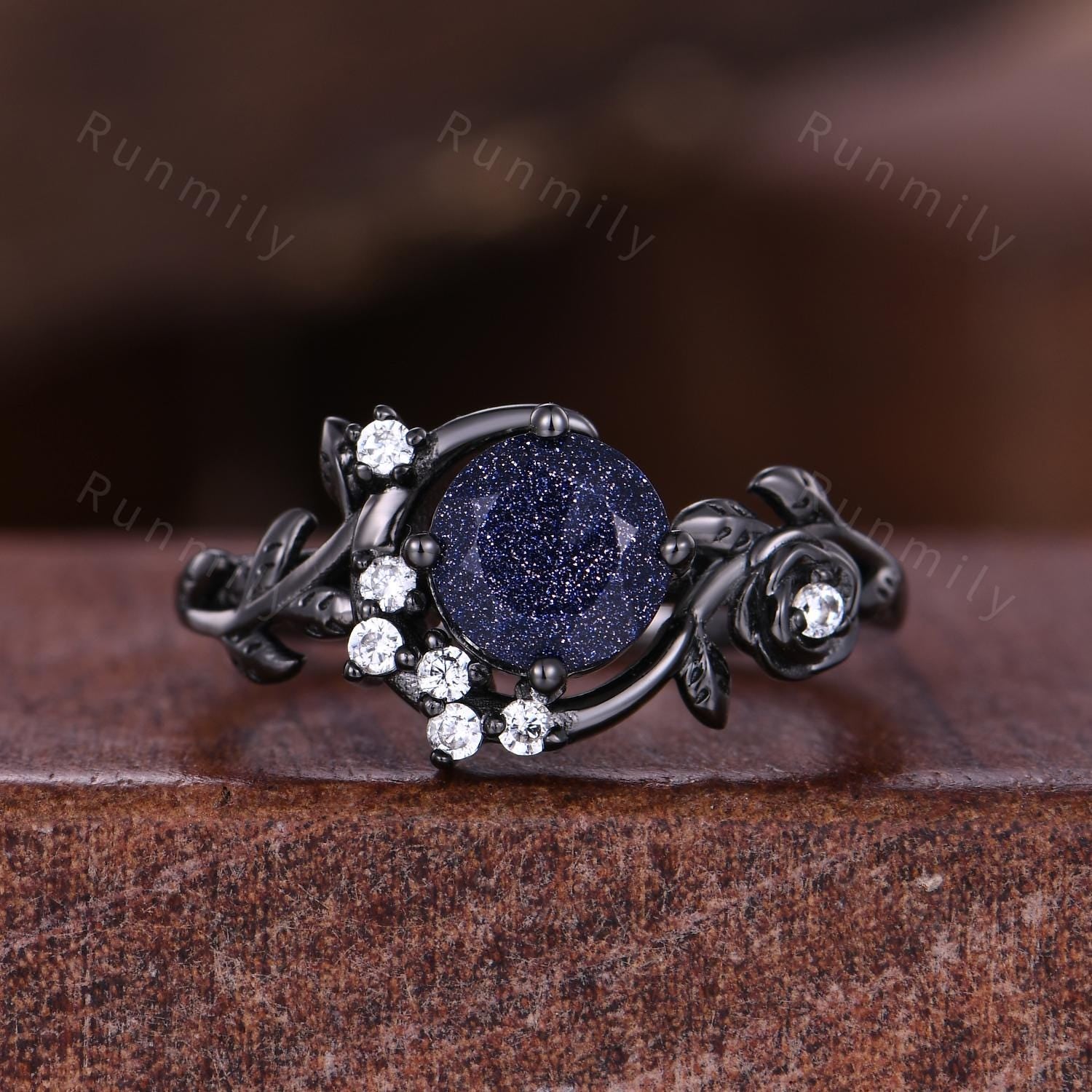 Crescent Blue Sandstone Couples Ring Black Gold Matching Ring Set His and Hers Wedding Band Blue Nebula Ring Outer Space Rings for Couple