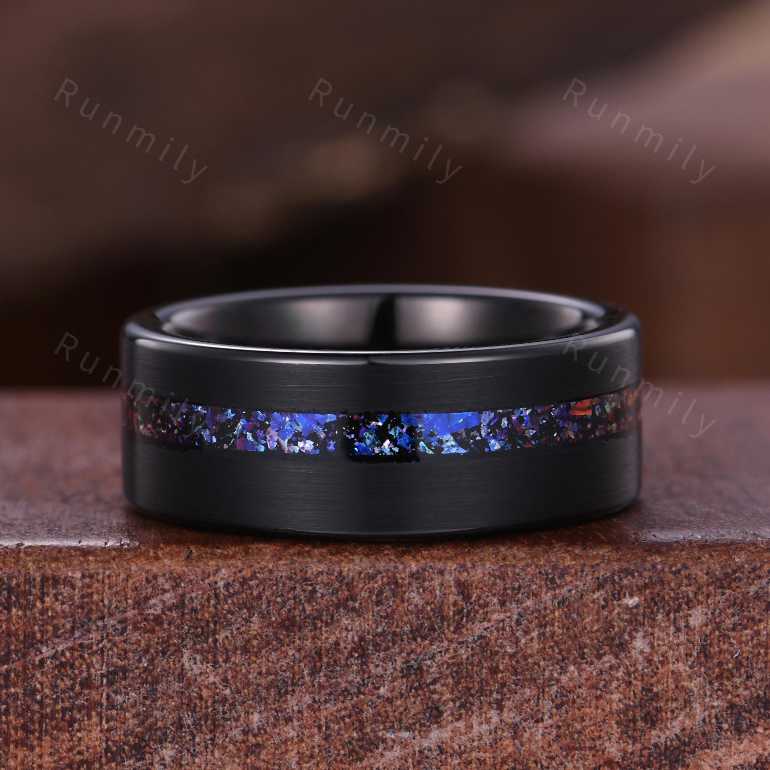 Crescent Blue Sandstone Couples Ring Black Gold Matching Ring Set His and Hers Wedding Band Blue Nebula Ring Outer Space Rings for Couple