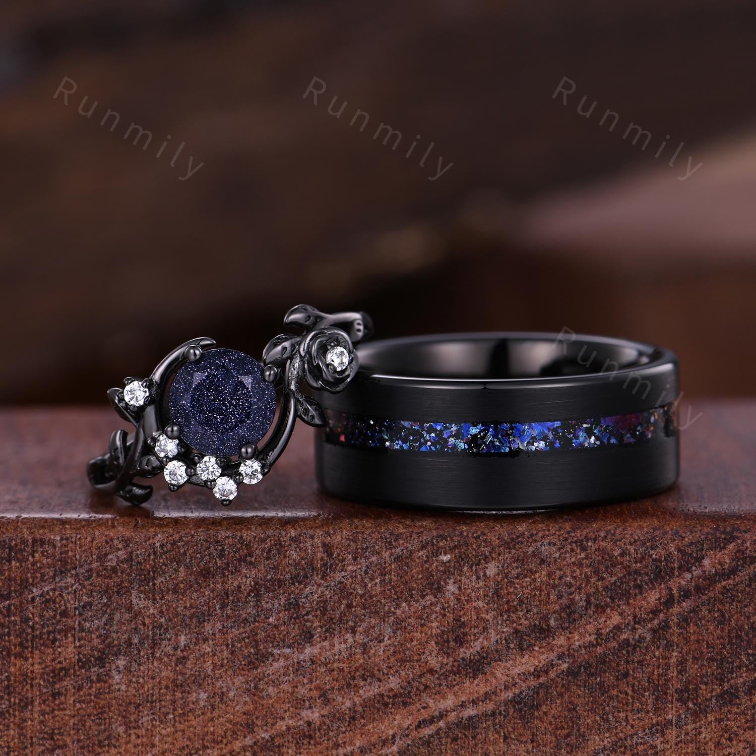 Crescent Blue Sandstone Couples Ring Black Gold Matching Ring Set His and Hers Wedding Band Blue Nebula Ring Outer Space Rings for Couple