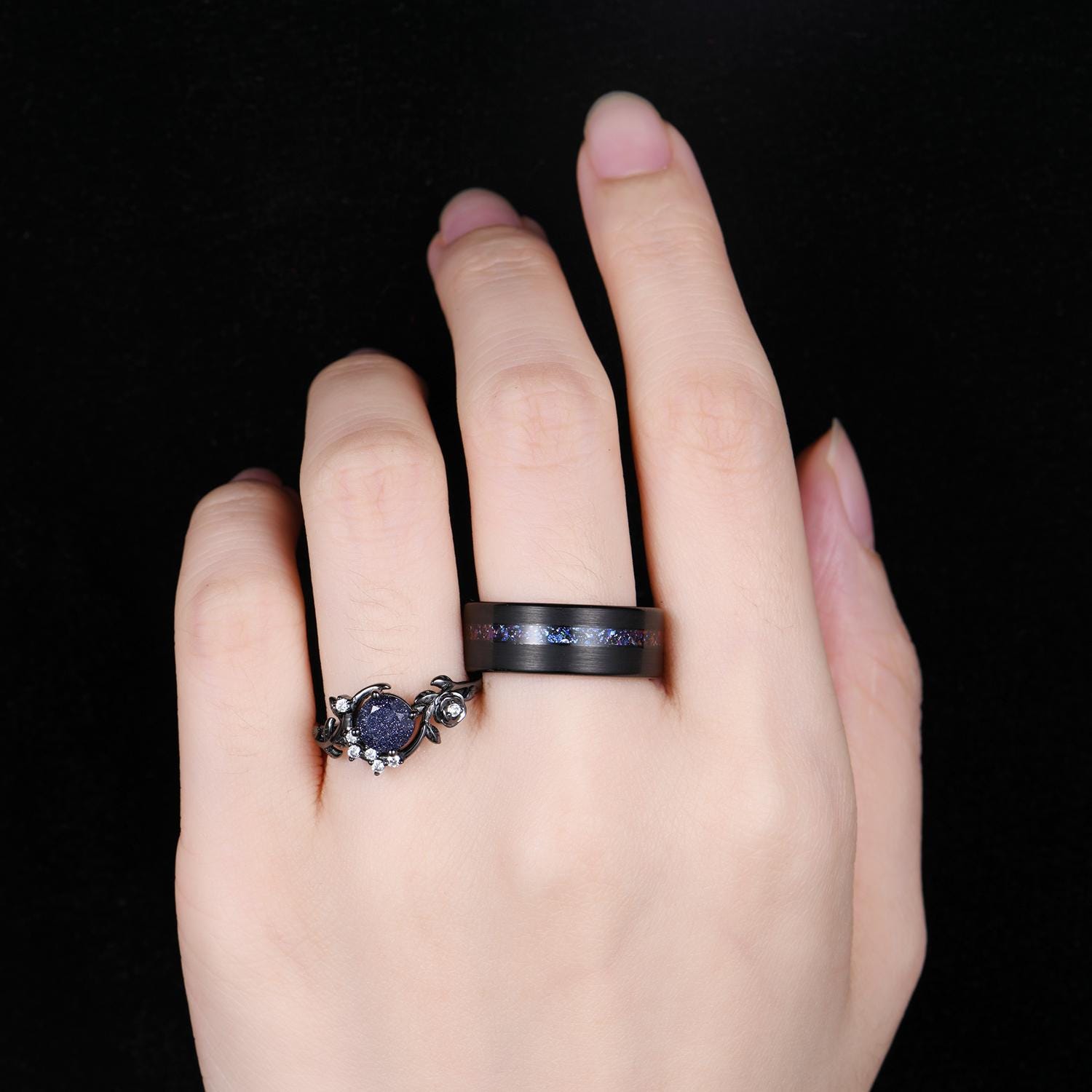 Crescent Blue Sandstone Couples Ring Black Gold Matching Ring Set His and Hers Wedding Band Blue Nebula Ring Outer Space Rings for Couple