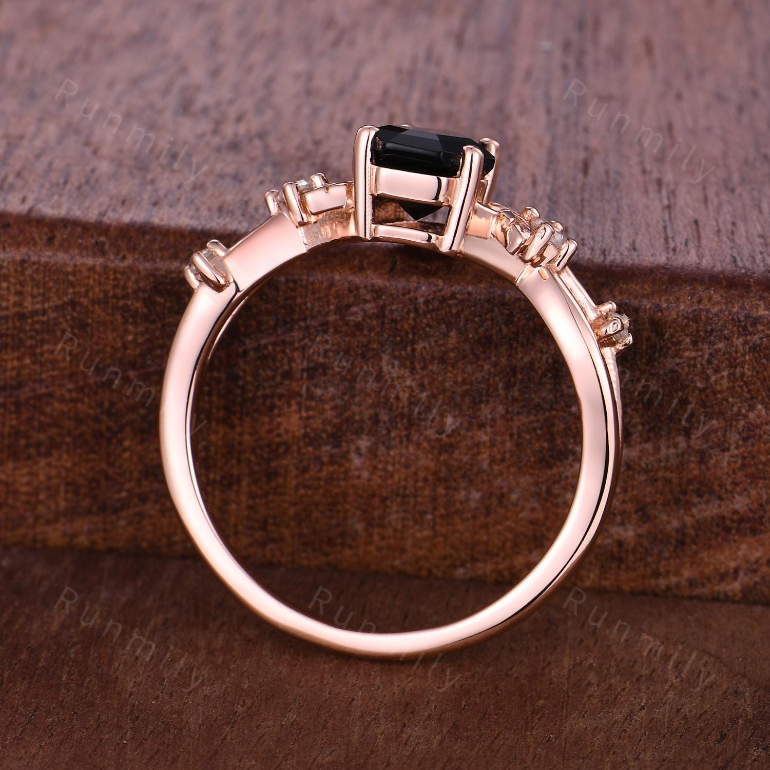 Coffin cut Black Onyx Engagement Ring Rose Gold Ring For Women Moissanite Branch Leaf Wedding Ring Unique Twig Ring Bridal Promise Ring