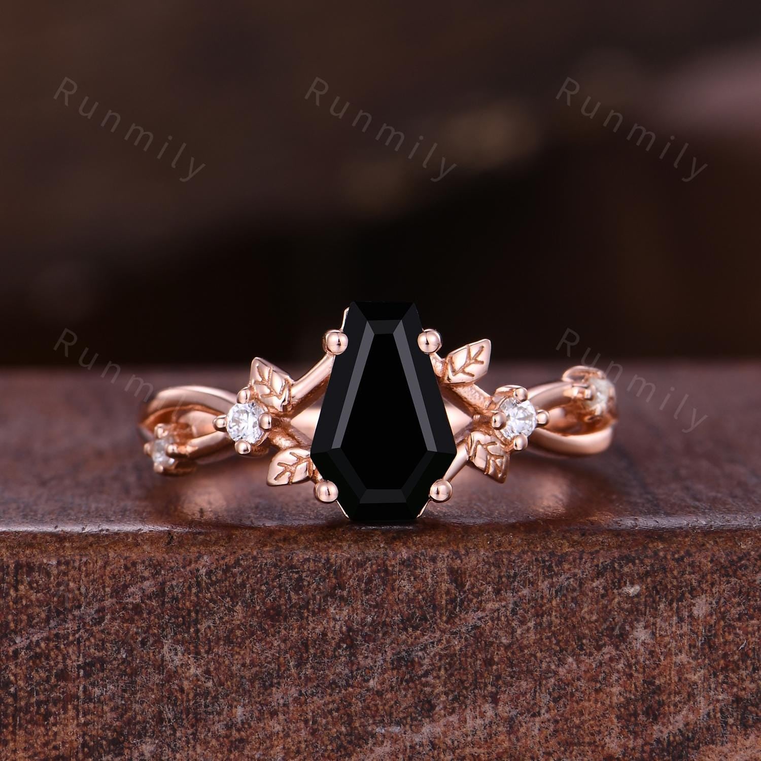 Coffin cut Black Onyx Engagement Ring Rose Gold Ring For Women Moissanite Branch Leaf Wedding Ring Unique Twig Ring Bridal Promise Ring
