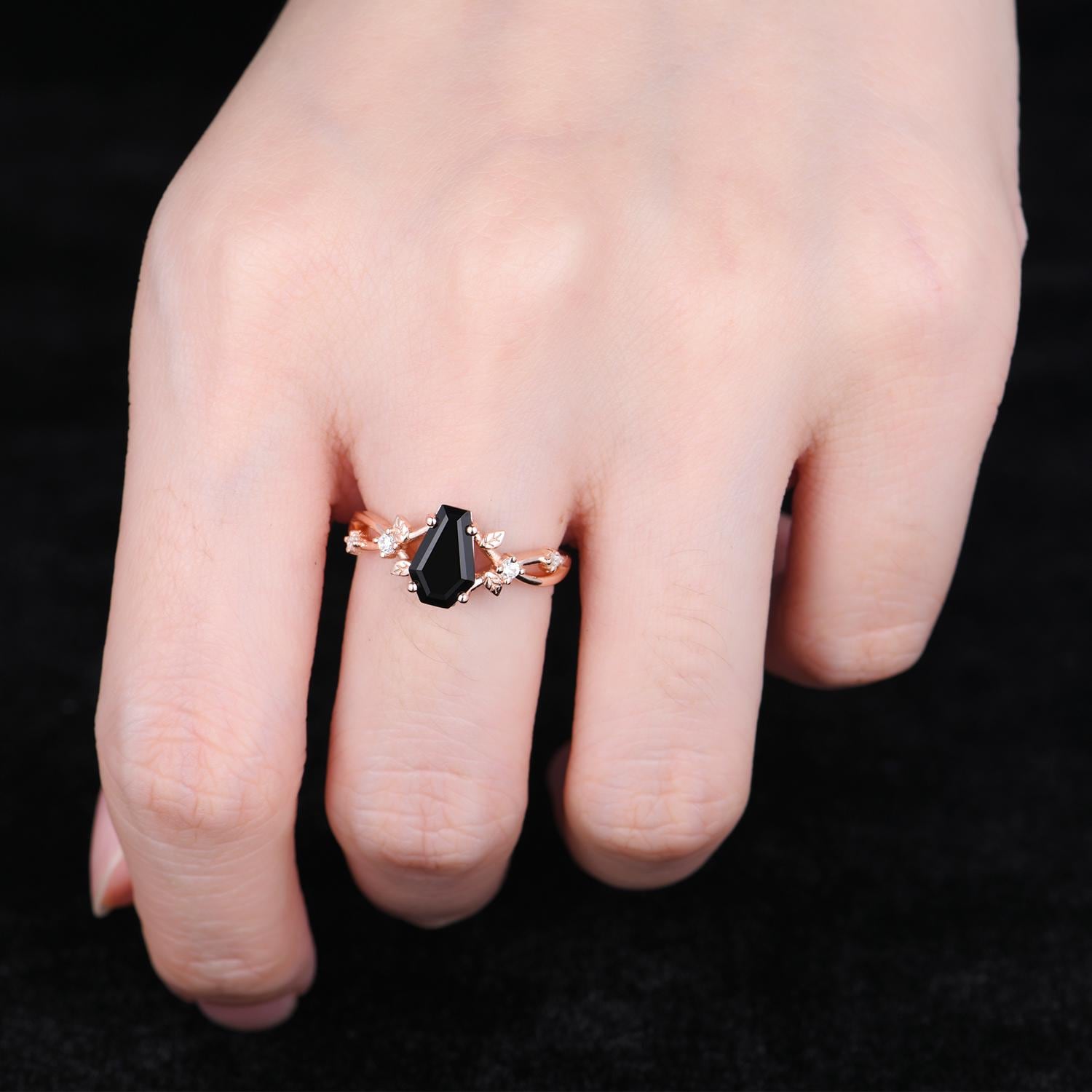 Coffin cut Black Onyx Engagement Ring Rose Gold Ring For Women Moissanite Branch Leaf Wedding Ring Unique Twig Ring Bridal Promise Ring