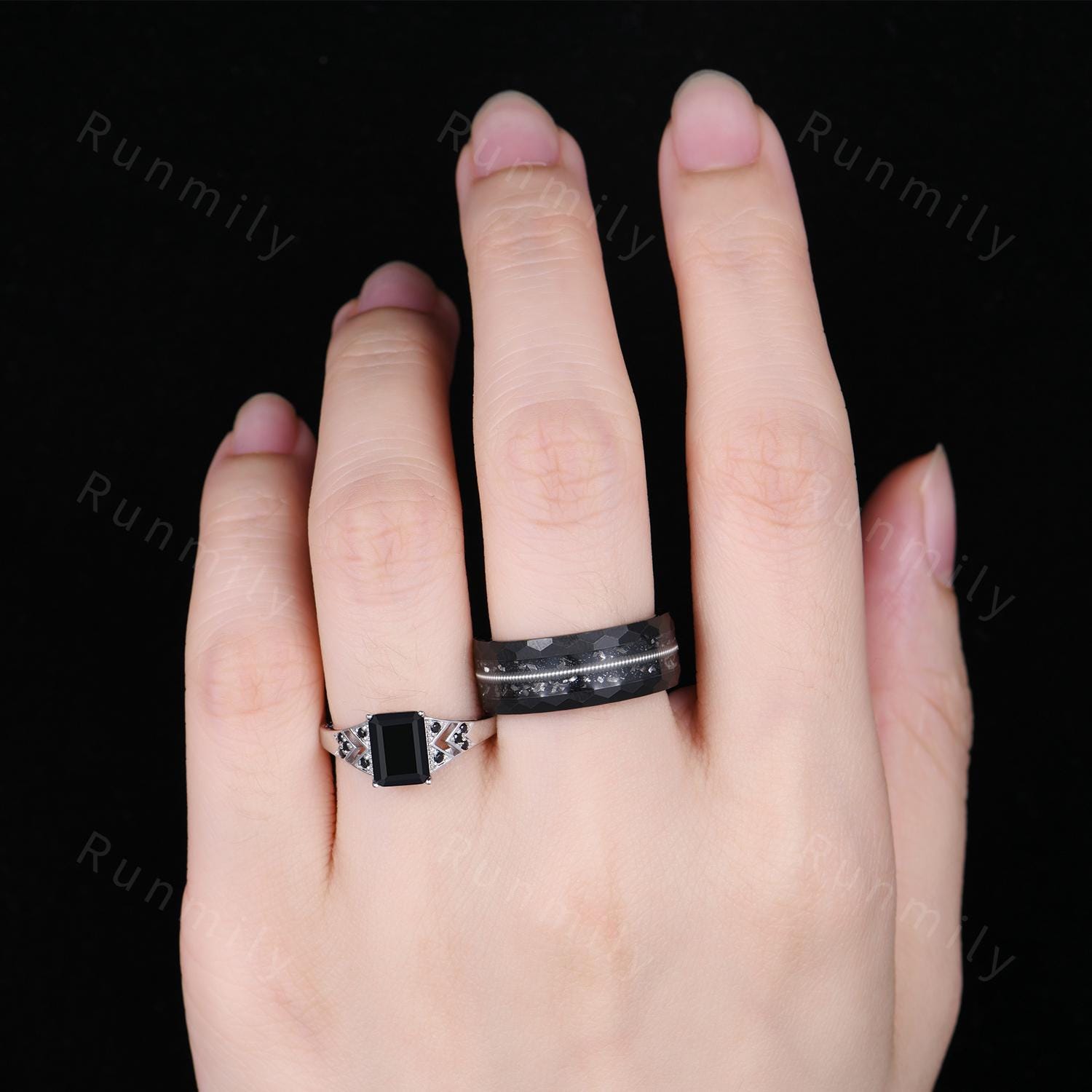 Emerald cut Black Onyx Couples Ring Set Antique His and Hers Wedding Band Mens Black Tungsten Ring Natural Black Gemstone Anniversary Rings