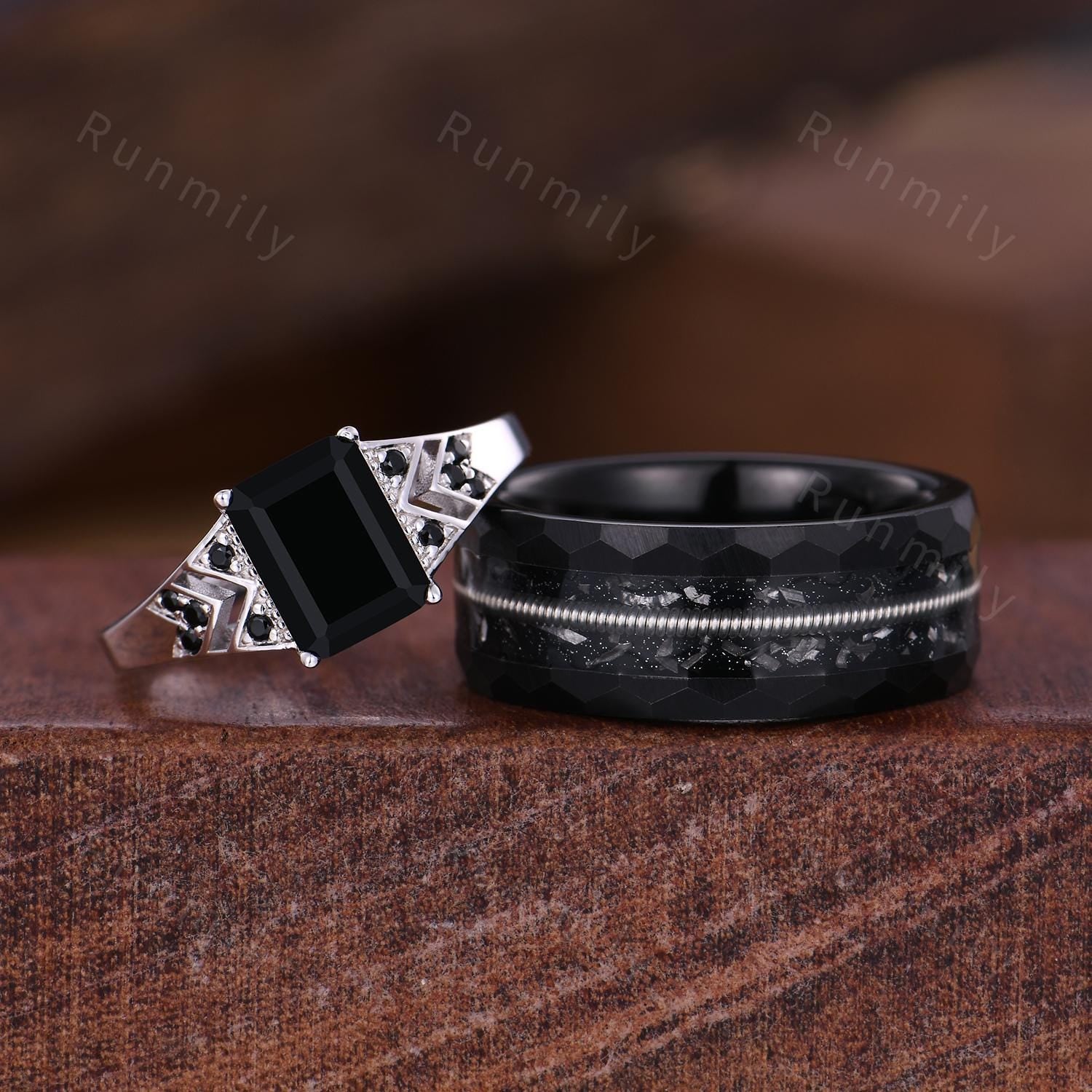 Emerald cut Black Onyx Couples Ring Set Antique His and Hers Wedding Band Mens Black Tungsten Ring Natural Black Gemstone Anniversary Rings