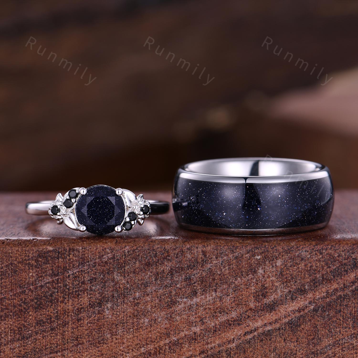 Galaxy Sandstone Couples Ring Set, Sterling Silver His and Hers Wedding Band, Mens Blue Sandstone Ring, Outer Space Ring, Leaf Floral Ring