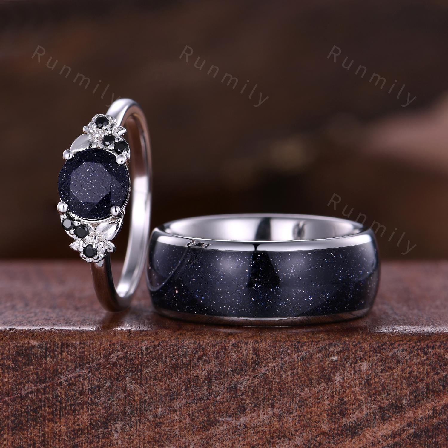 Galaxy Sandstone Couples Ring Set, Sterling Silver His and Hers Wedding Band, Mens Blue Sandstone Ring, Outer Space Ring, Leaf Floral Ring