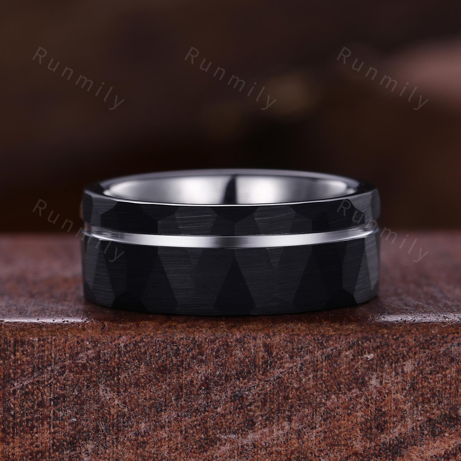 Hexagon black onyx couple ring vintage Unique Marquise cut Diamond Cluster ring White gold His and Hers wedding band Mens hammered band