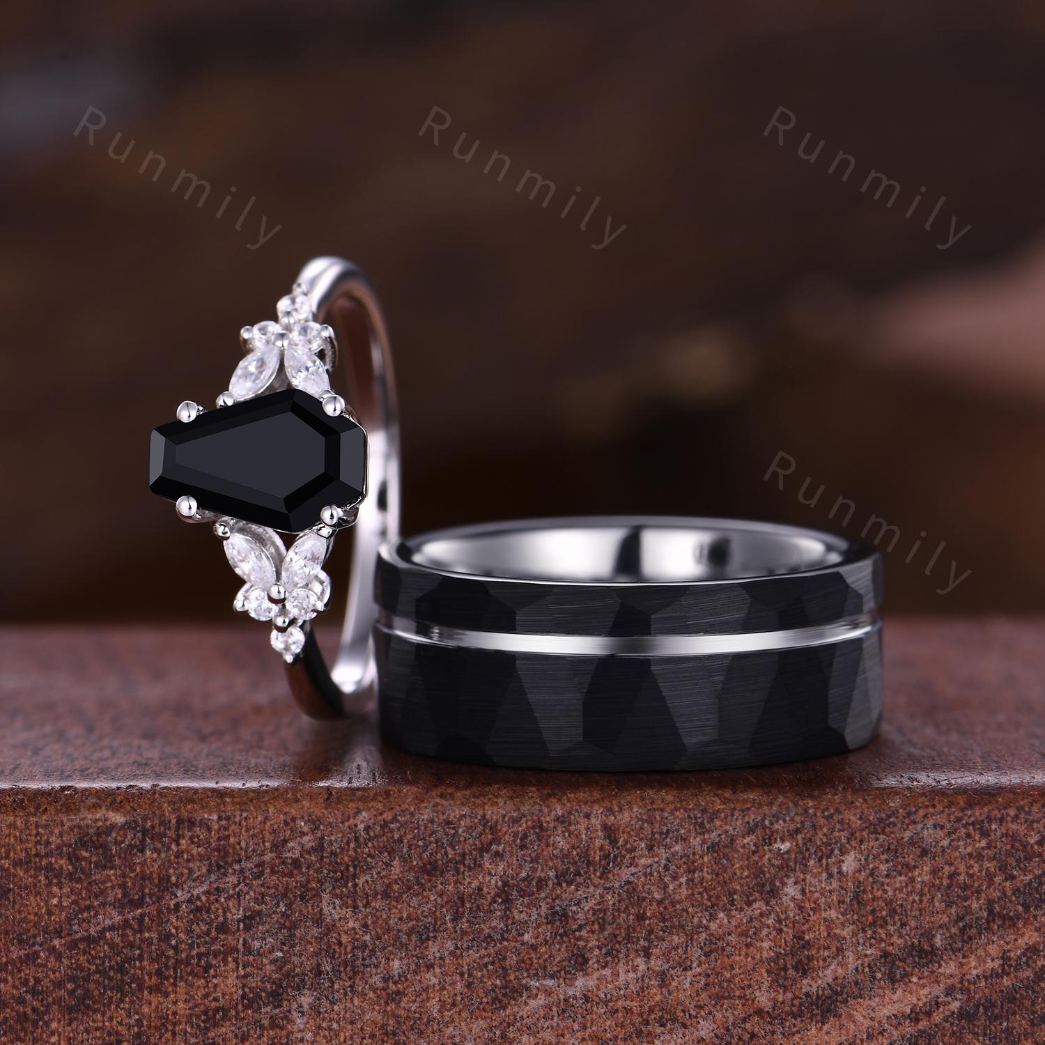Coffin cut Black Onyx Couples Ring Vintage Matching Ring Set His and Hers Wedding Band Promise Ring For Men For Women Natural Black Gemstone