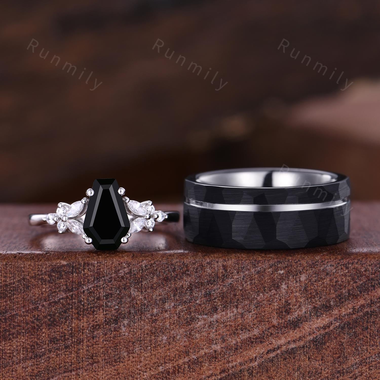 Coffin cut Black Onyx Couples Ring Vintage Matching Ring Set His and Hers Wedding Band Promise Ring For Men For Women Natural Black Gemstone