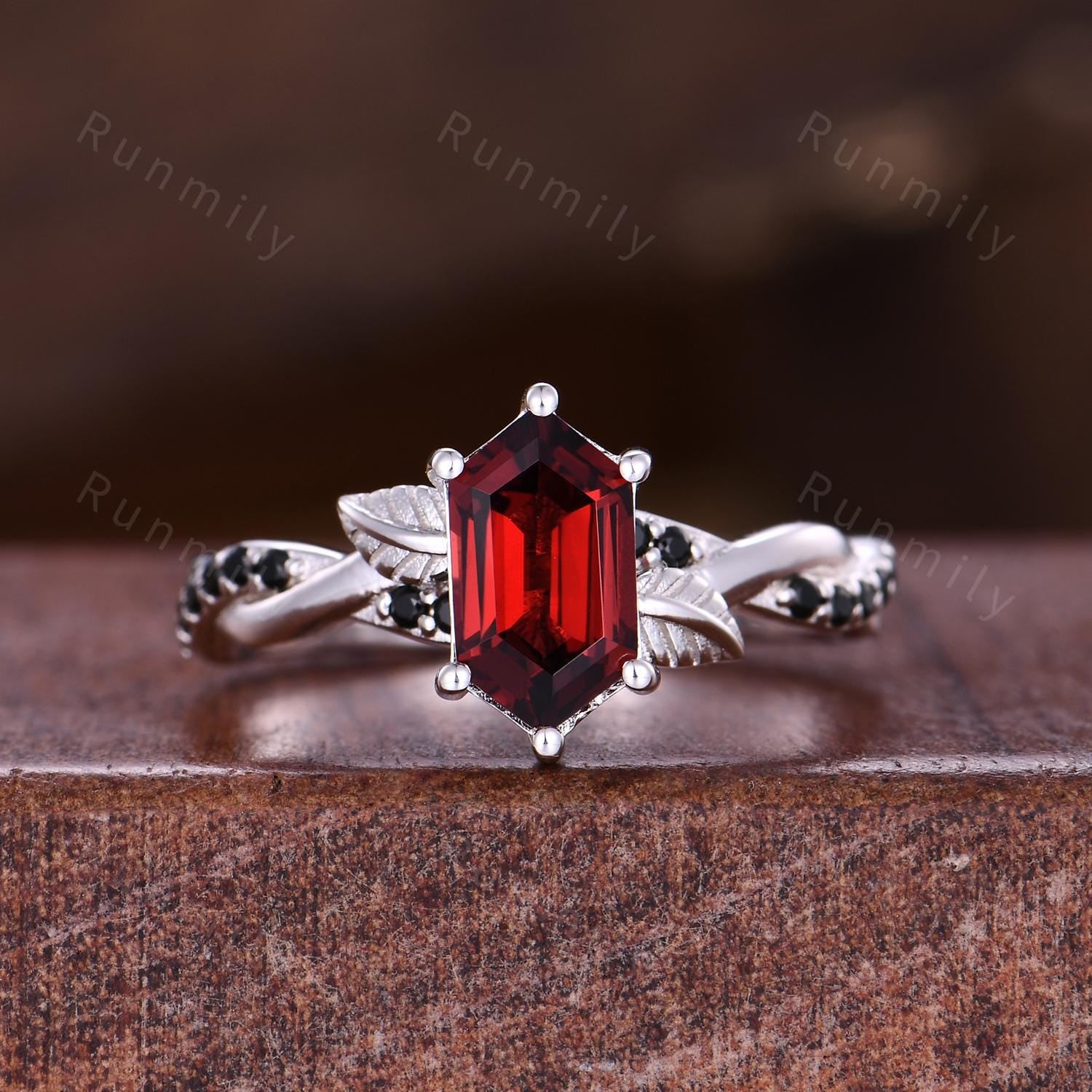 Branch Leaf Garnet couples ring set silver & tungsten matching promise ring vintage His and Hers wedding band Mens garnet ring January rings