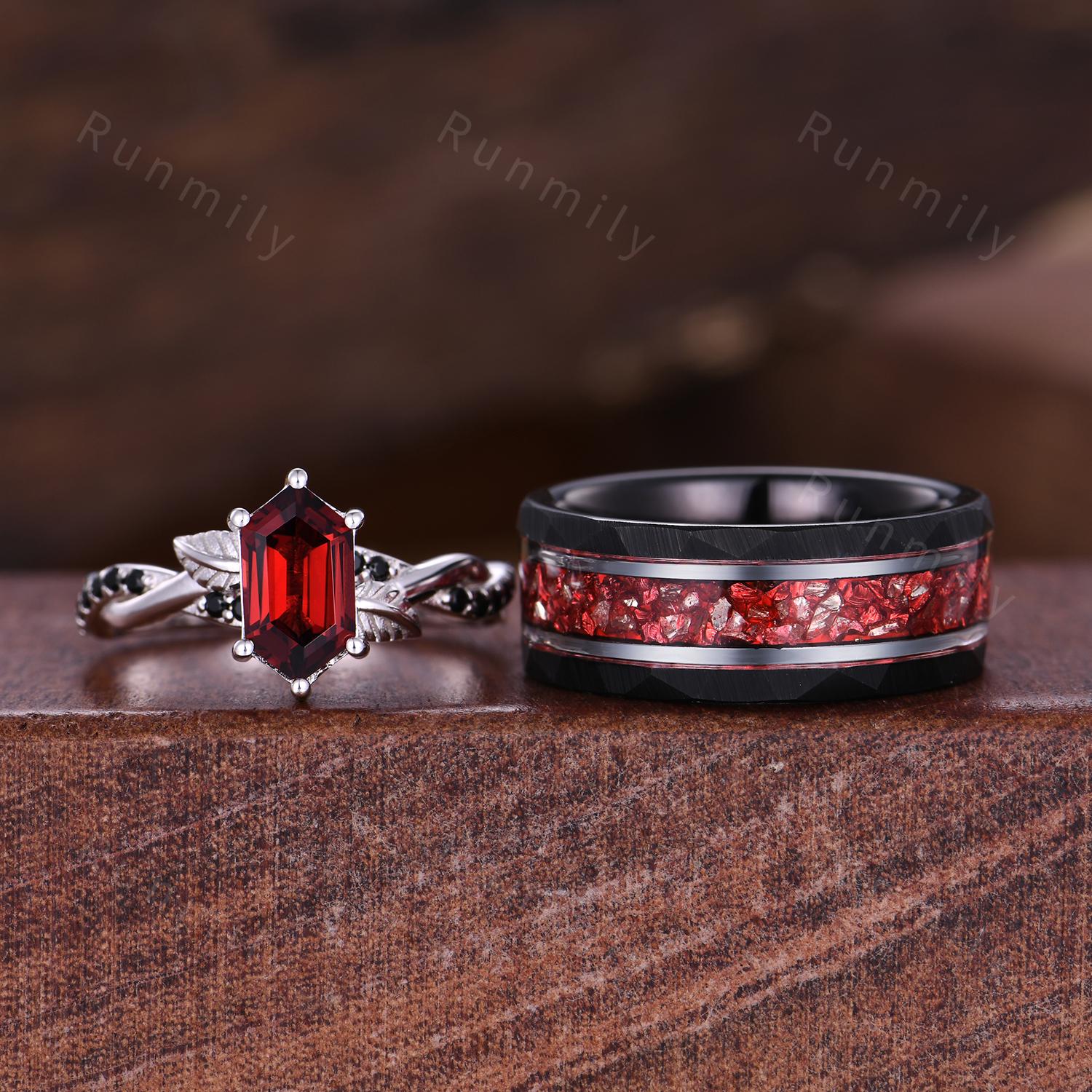 Branch Leaf Garnet couples ring set silver & tungsten matching promise ring vintage His and Hers wedding band Mens garnet ring January rings