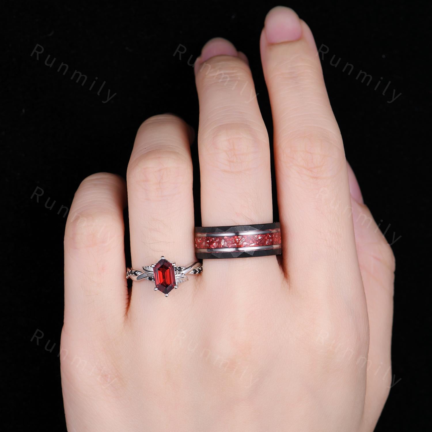 Branch Leaf Garnet couples ring set silver & tungsten matching promise ring vintage His and Hers wedding band Mens garnet ring January rings