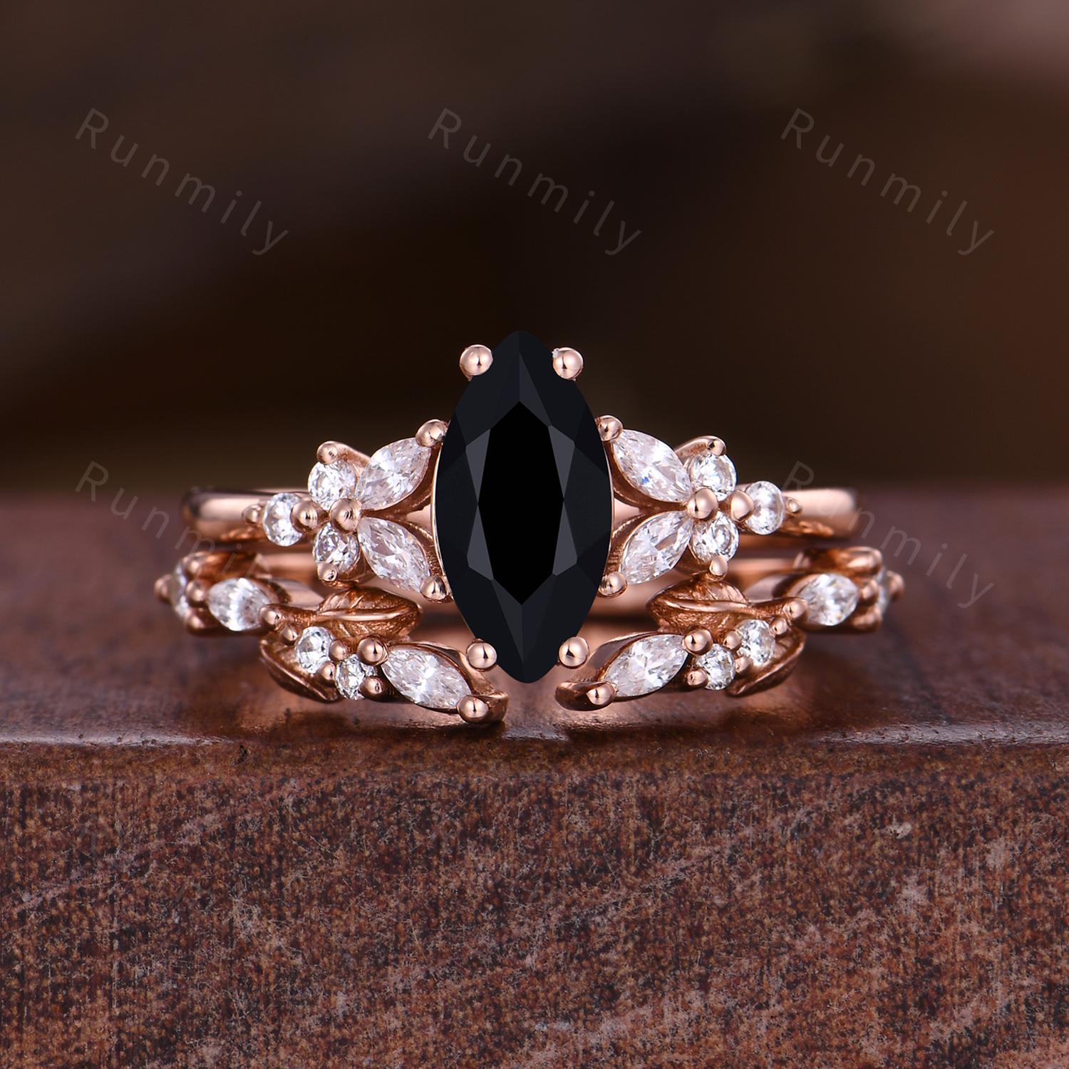 Marquise cut Black Onyx Engagement ring set Vintage open gap wedding band Rose gold Cluster shank leaf Bridal set Anniversary ring gift