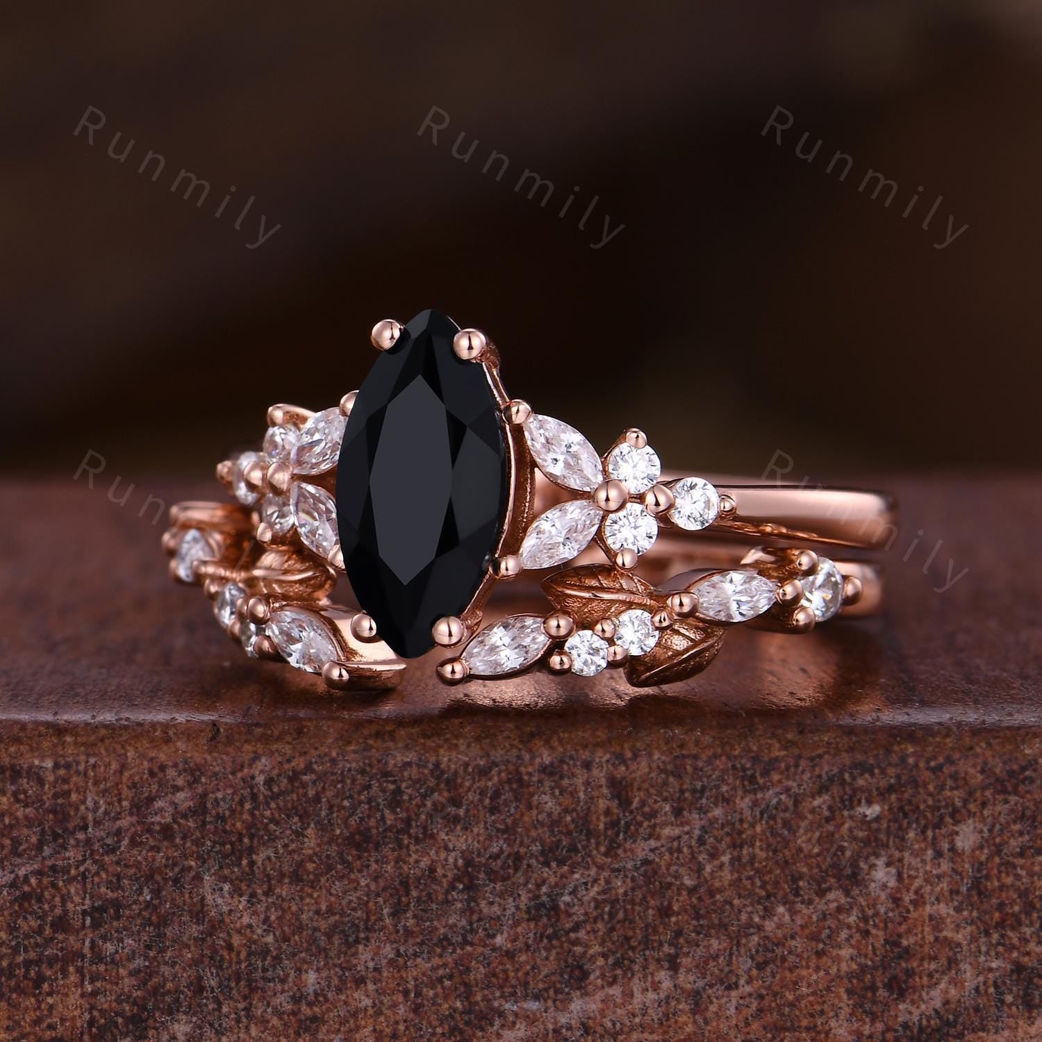 Marquise cut Black Onyx Engagement ring set Vintage open gap wedding band Rose gold Cluster shank leaf Bridal set Anniversary ring gift