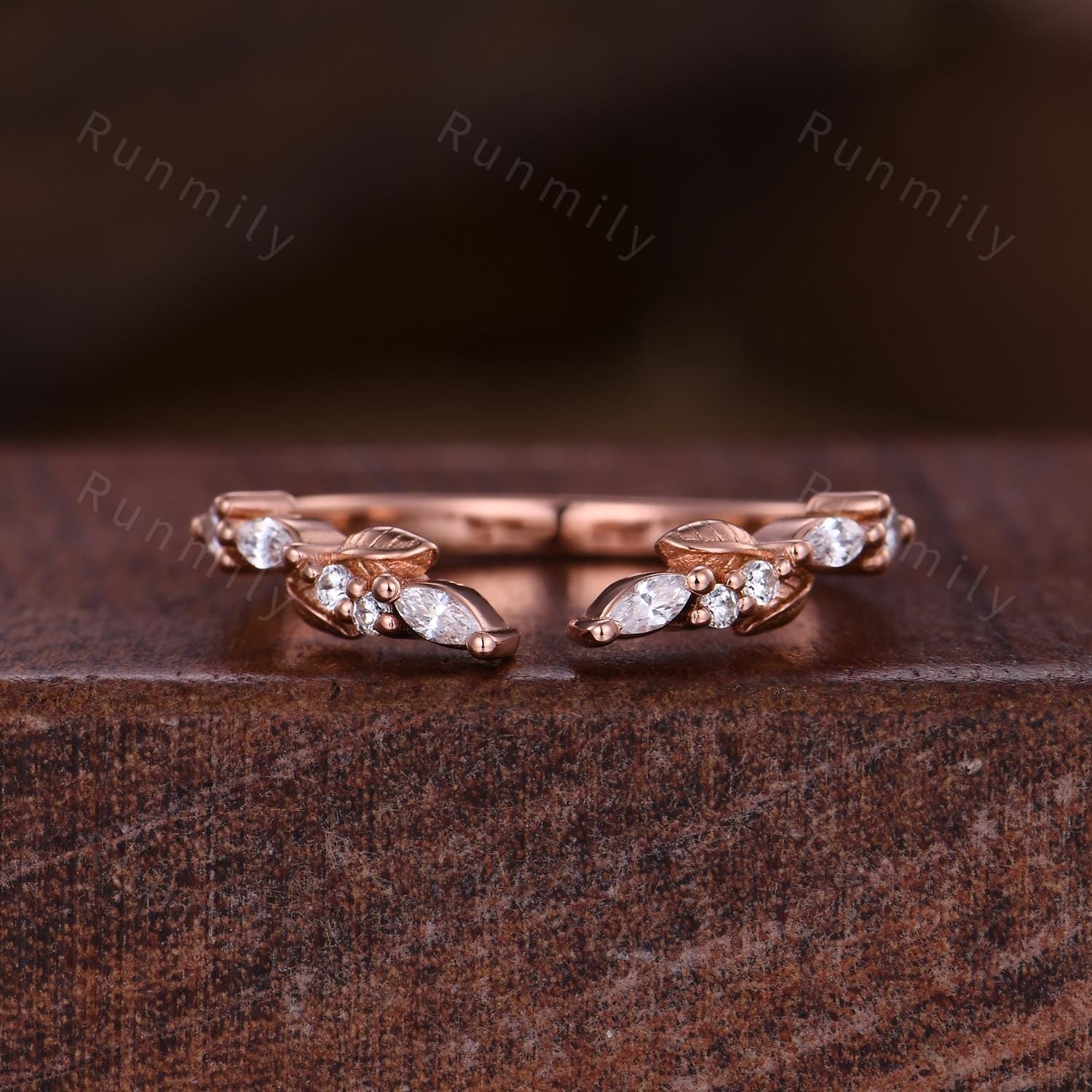 Marquise cut Black Onyx Engagement ring set Vintage open gap wedding band Rose gold Cluster shank leaf Bridal set Anniversary ring gift