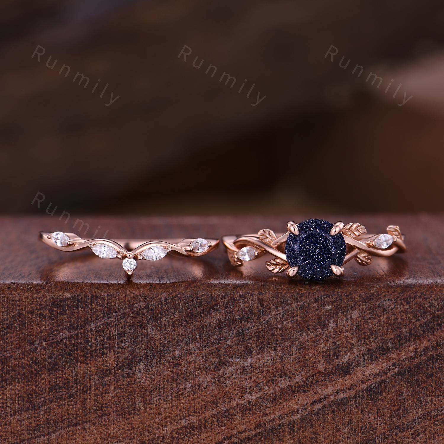 Round Cut Blue Sandstone Engagement Ring Set Twig Leaf Diamond Wedding Band Rose Gold Nature Inspired Bridal Set Galaxy Anniversary Ring