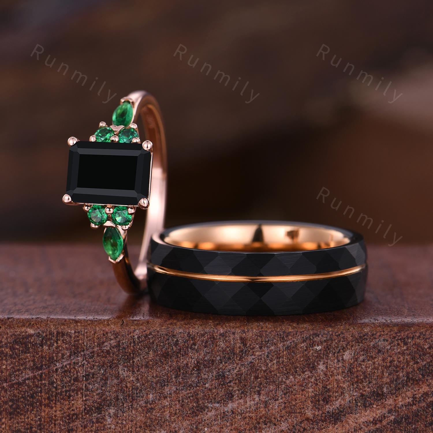 Emerald cut Black Onyx Couples Ring Rose Gold Matching Ring Set Vintage His and Hers Wedding Band Promise Rings For Men For Women