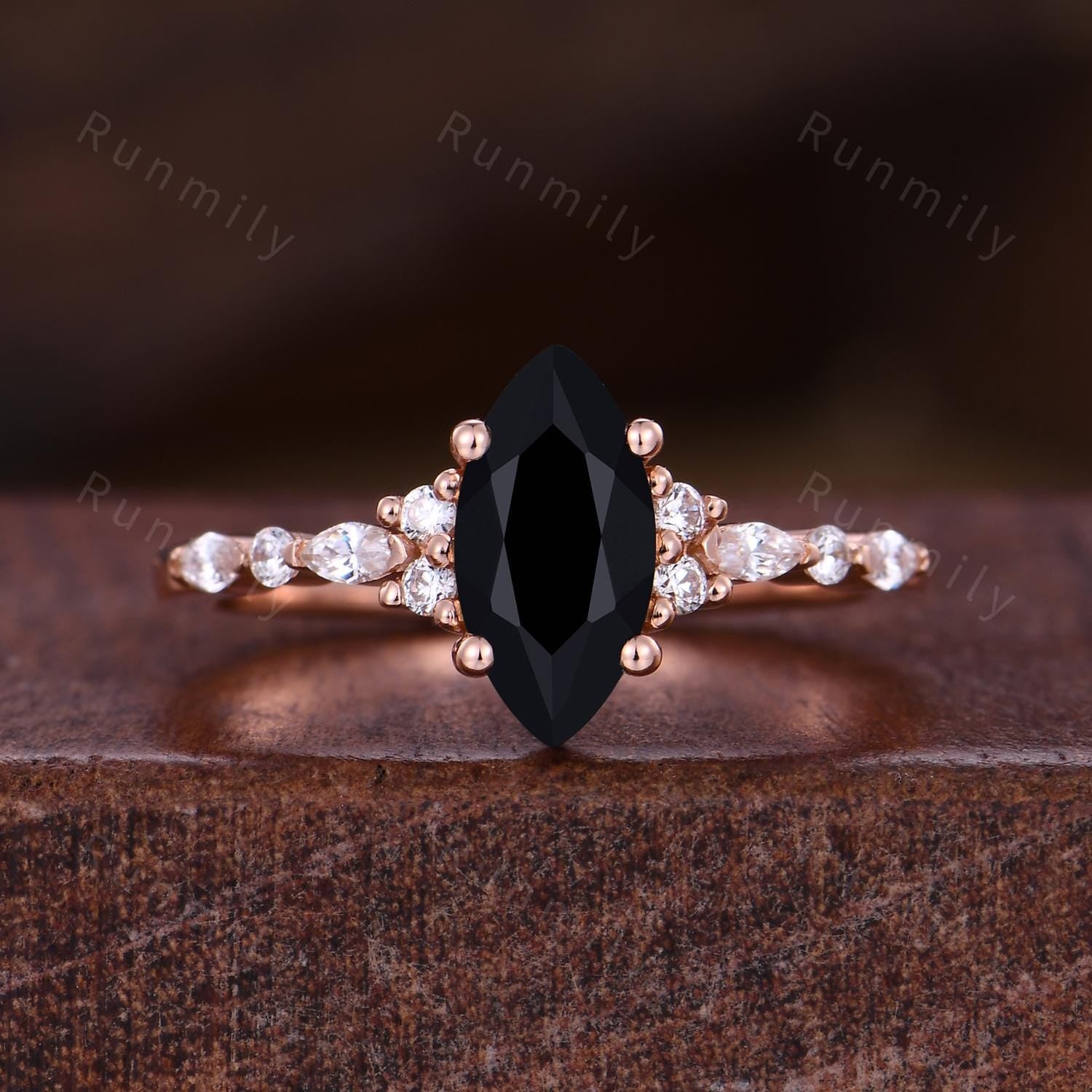 Marquise cut Black Onyx Couples Ring Rose Gold Matching Ring Set His and Hers Wedding Band Promise Ring For Men For Women Natural Black Gem