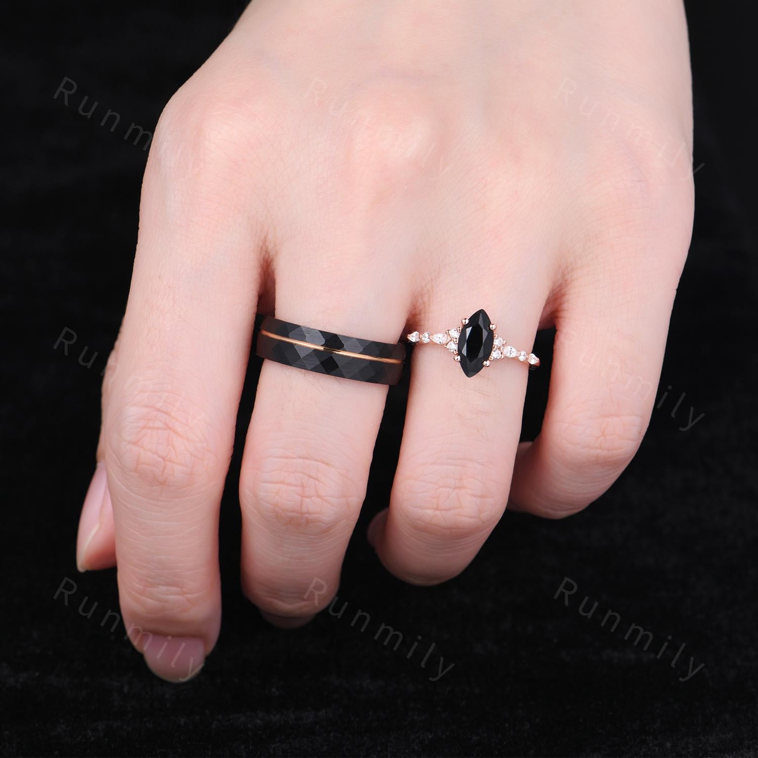 Marquise cut Black Onyx Couples Ring Rose Gold Matching Ring Set His and Hers Wedding Band Promise Ring For Men For Women Natural Black Gem