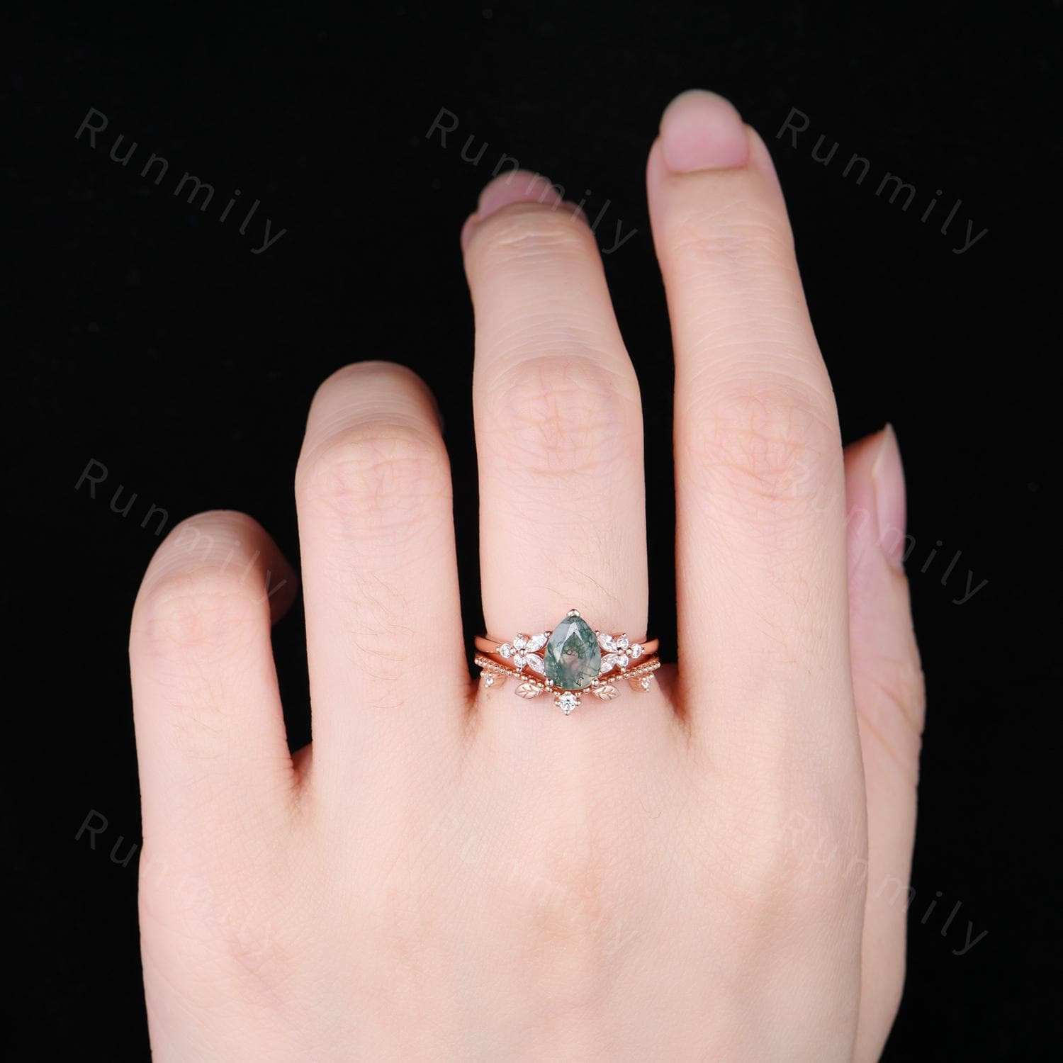 Vintage Moss Agate Engagement ring set Rose Gold Leaf Stacking Band Unique Teardrop Ring Curved Matching Band Diamond Bridal Promise Rings