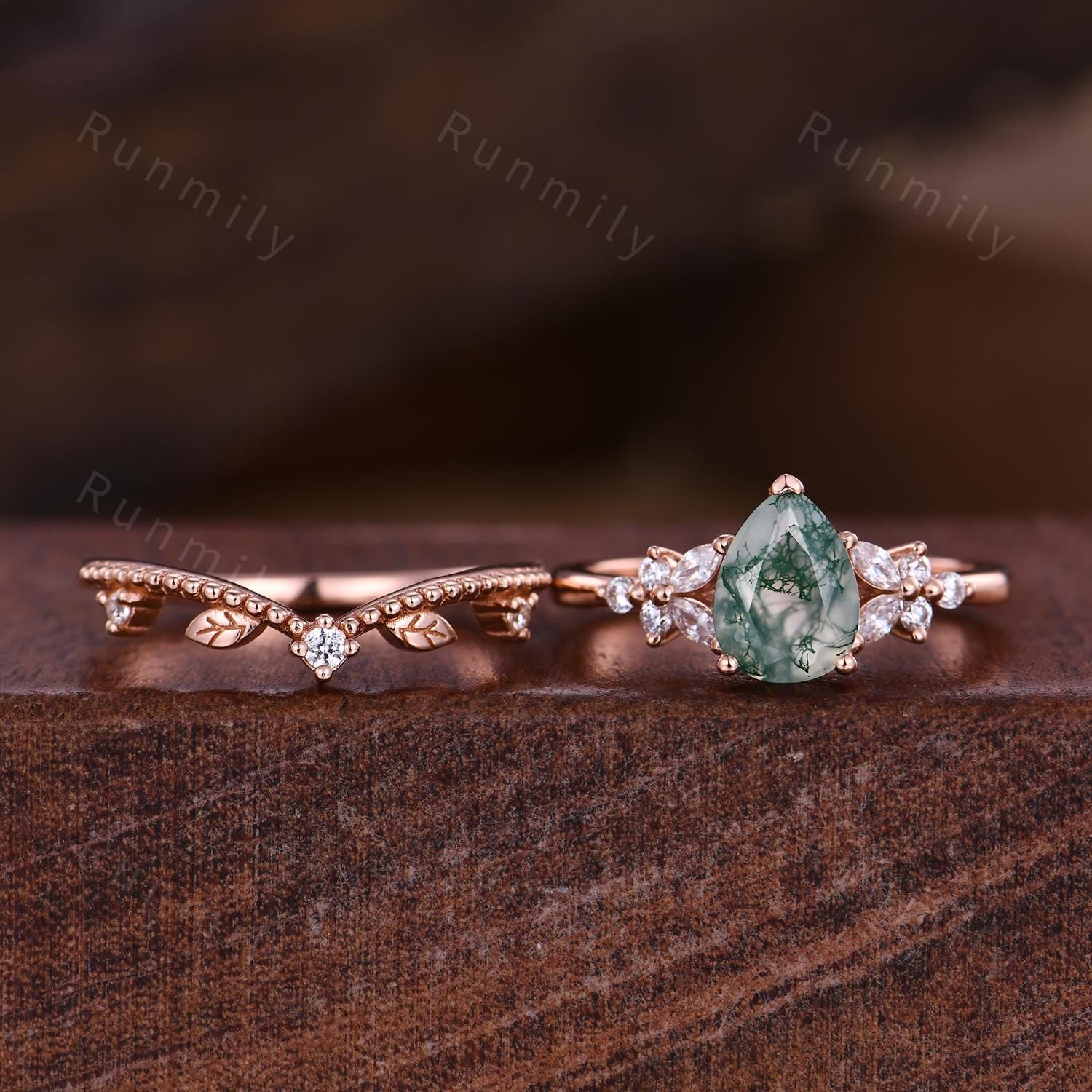 Vintage Moss Agate Engagement ring set Rose Gold Leaf Stacking Band Unique Teardrop Ring Curved Matching Band Diamond Bridal Promise Rings