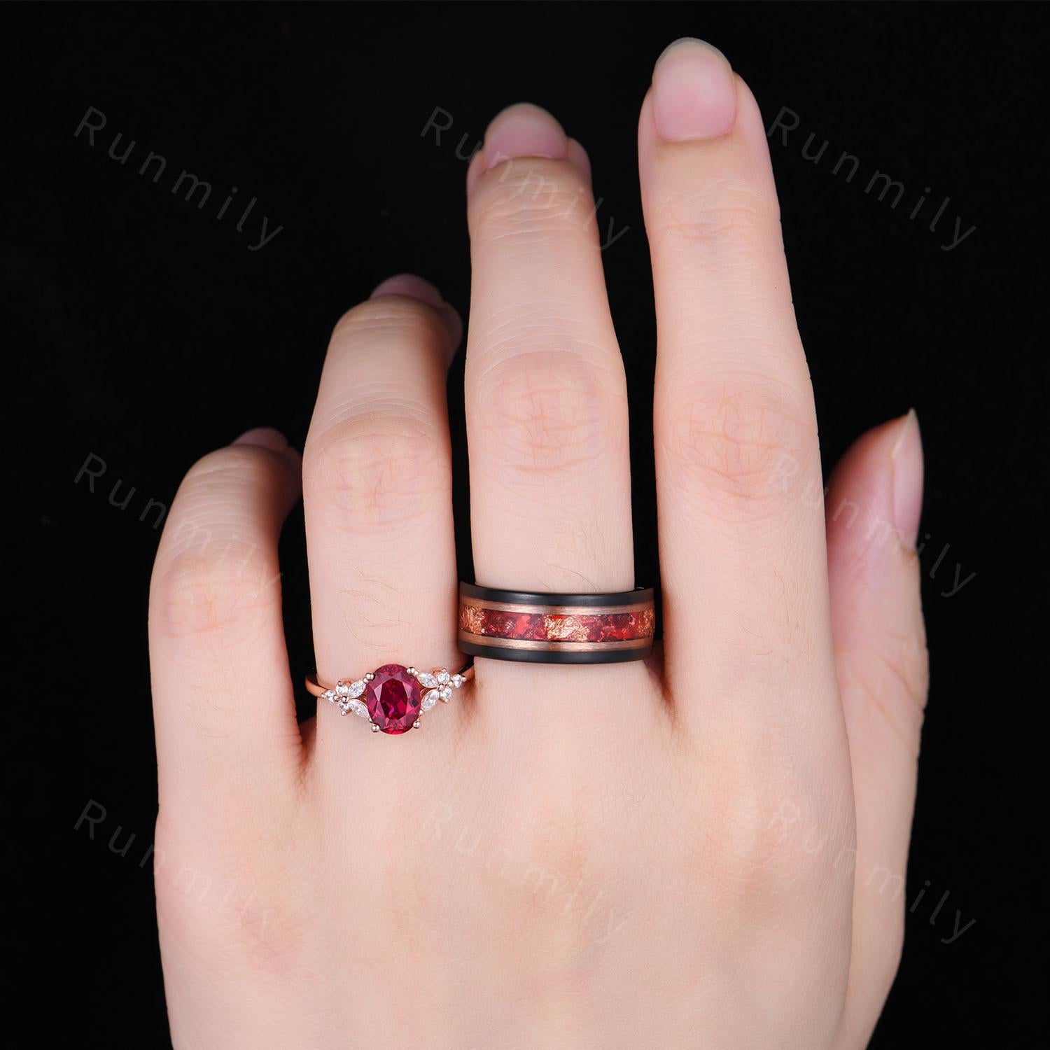 Oval Cut Ruby Couples Ring Set Vintage Matching Promise Ring Rose Gold Cluster Ring His And Hers Wedding Band Mens Ruby Ring July Ring Gifts