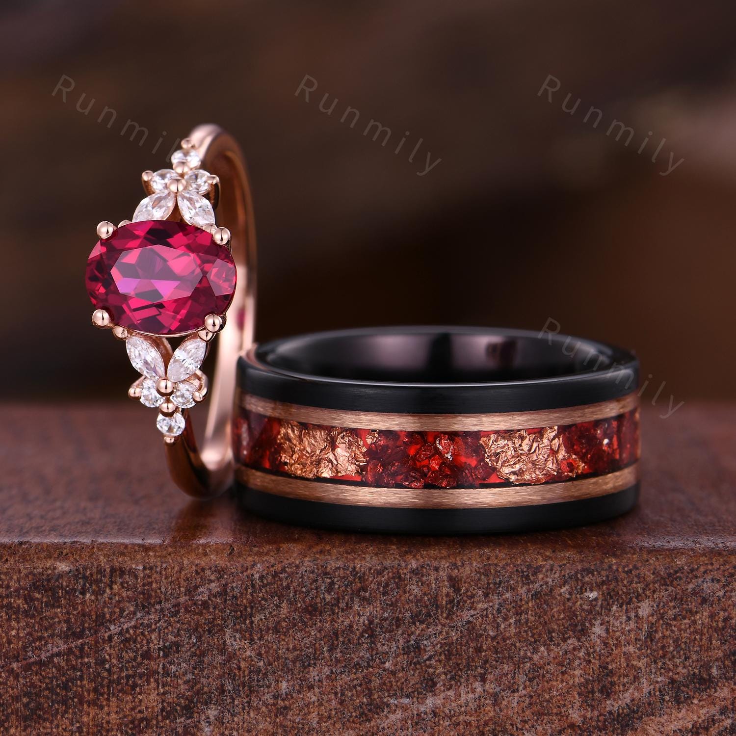 Oval Cut Ruby Couples Ring Set Vintage Matching Promise Ring Rose Gold Cluster Ring His And Hers Wedding Band Mens Ruby Ring July Ring Gifts