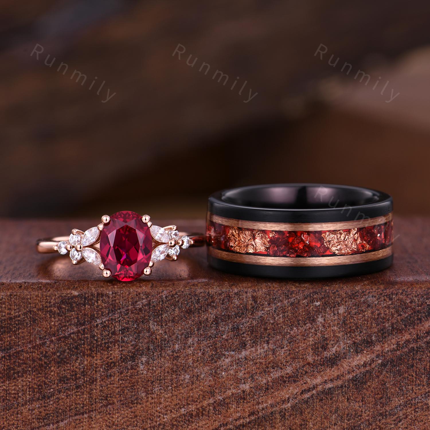 Oval Cut Ruby Couples Ring Set Vintage Matching Promise Ring Rose Gold Cluster Ring His And Hers Wedding Band Mens Ruby Ring July Ring Gifts