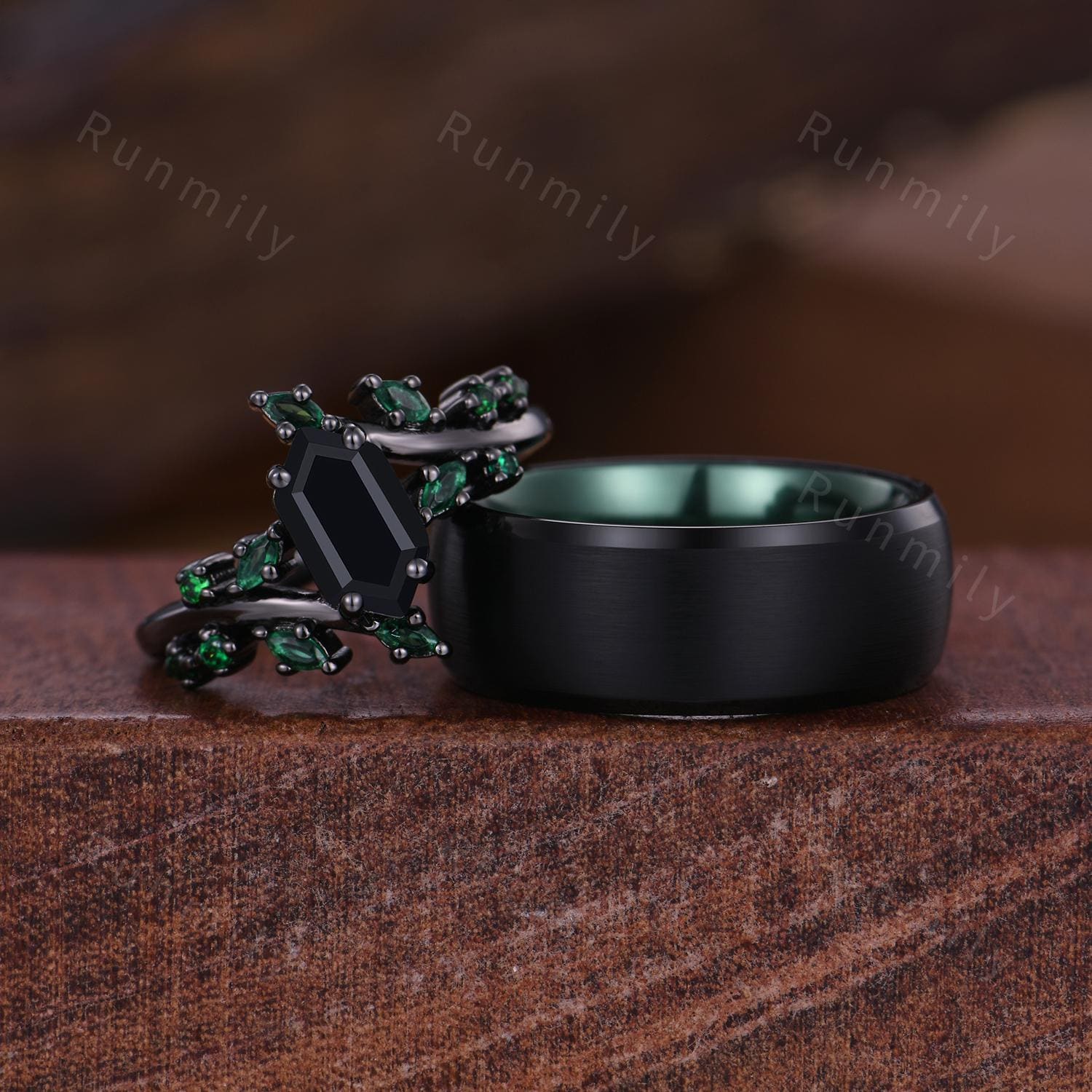 Black & Green Couples Ring Set Black Onyx Ring For Women Vintage Matching Ring Set Mens Tungsten Band Vintage Promise Rings For Couple