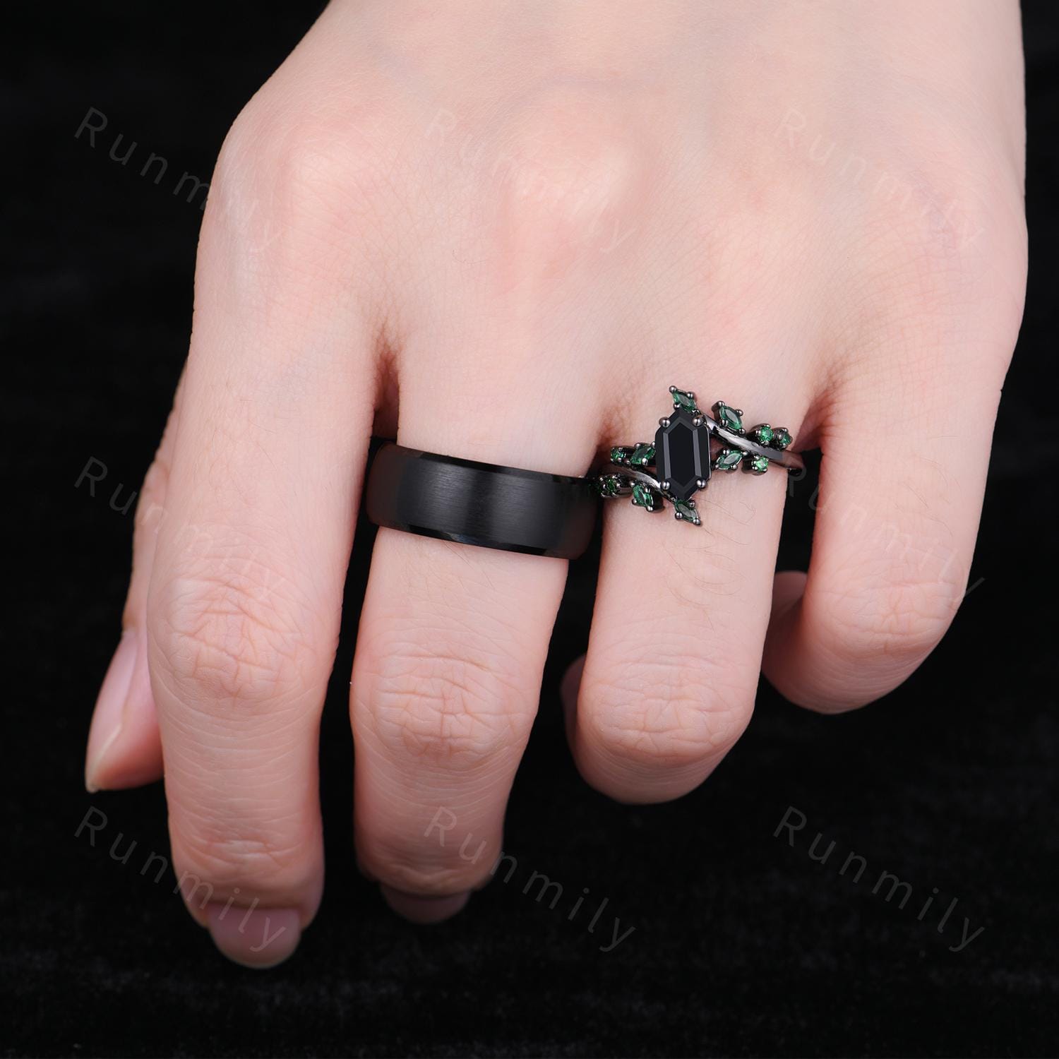 Black & Green Couples Ring Set Black Onyx Ring For Women Vintage Matching Ring Set Mens Tungsten Band Vintage Promise Rings For Couple