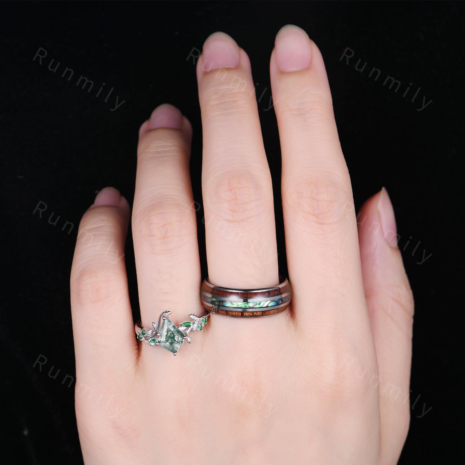 Natural Moss Agate Couples Ring Vintage Matching Promise Ring Set Twig Leaf Ring His and Hers Wedding Band Mens Wooden Ring Green Agate Ring