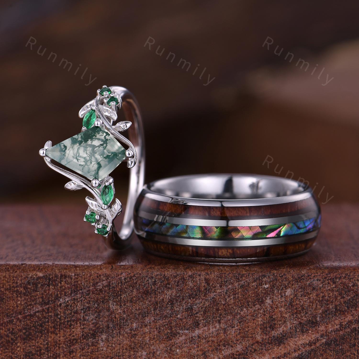 Natural Moss Agate Couples Ring Vintage Matching Promise Ring Set Twig Leaf Ring His and Hers Wedding Band Mens Wooden Ring Green Agate Ring