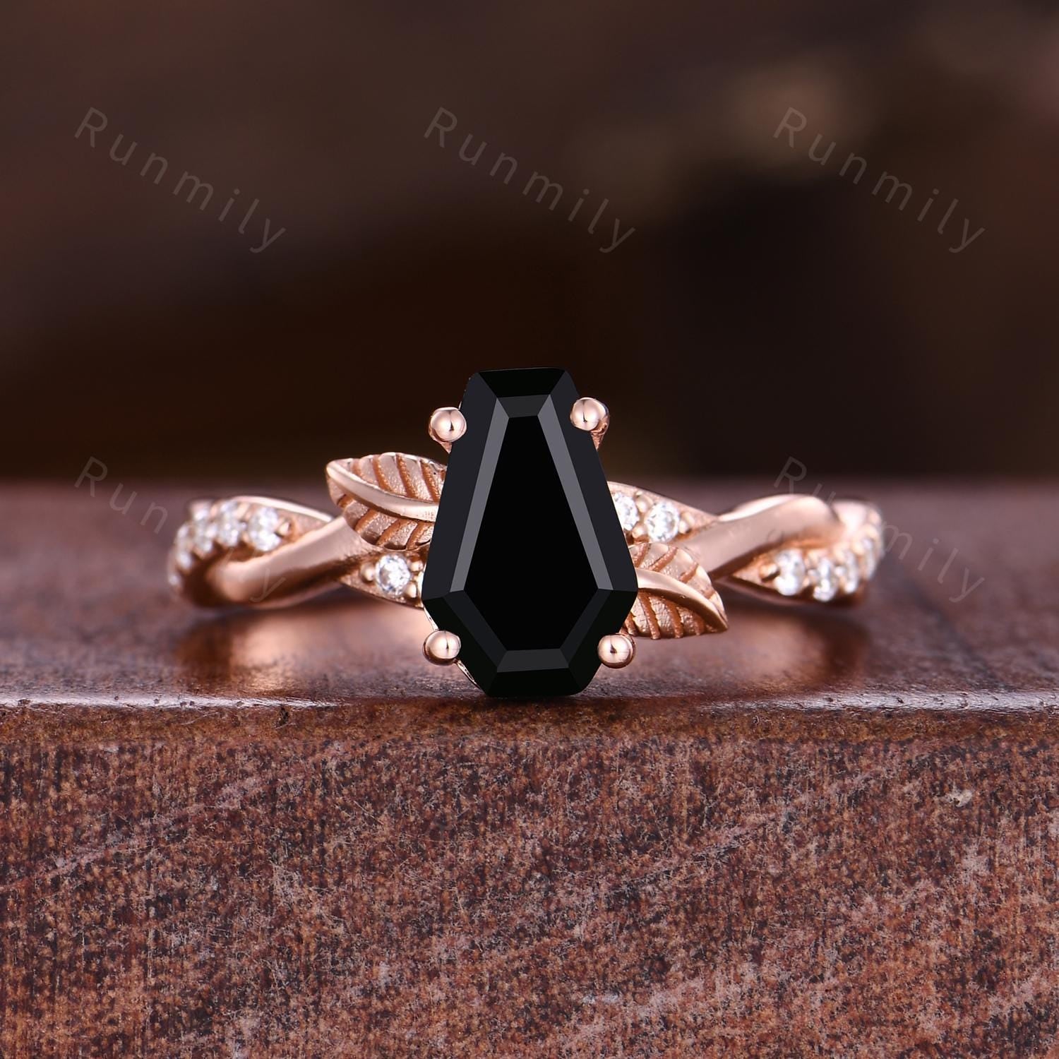 Coffin cut black onyx engagement ring rose gold couples ring set Twisted leaf ring His and Hers wedding band Black Tungsten ring for Husband
