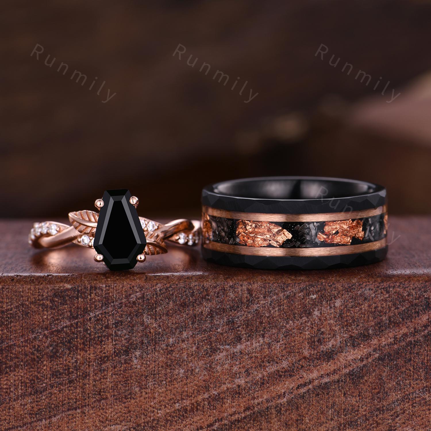 Coffin cut black onyx engagement ring rose gold couples ring set Twisted leaf ring His and Hers wedding band Black Tungsten ring for Husband
