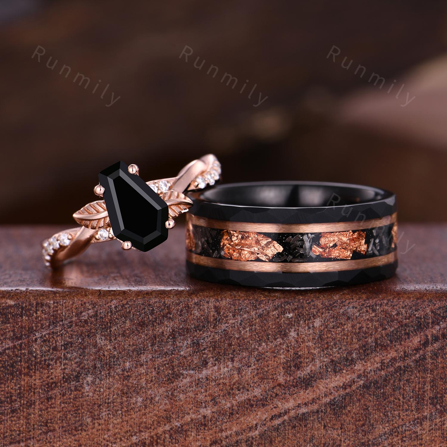 Coffin cut black onyx engagement ring rose gold couples ring set Twisted leaf ring His and Hers wedding band Black Tungsten ring for Husband
