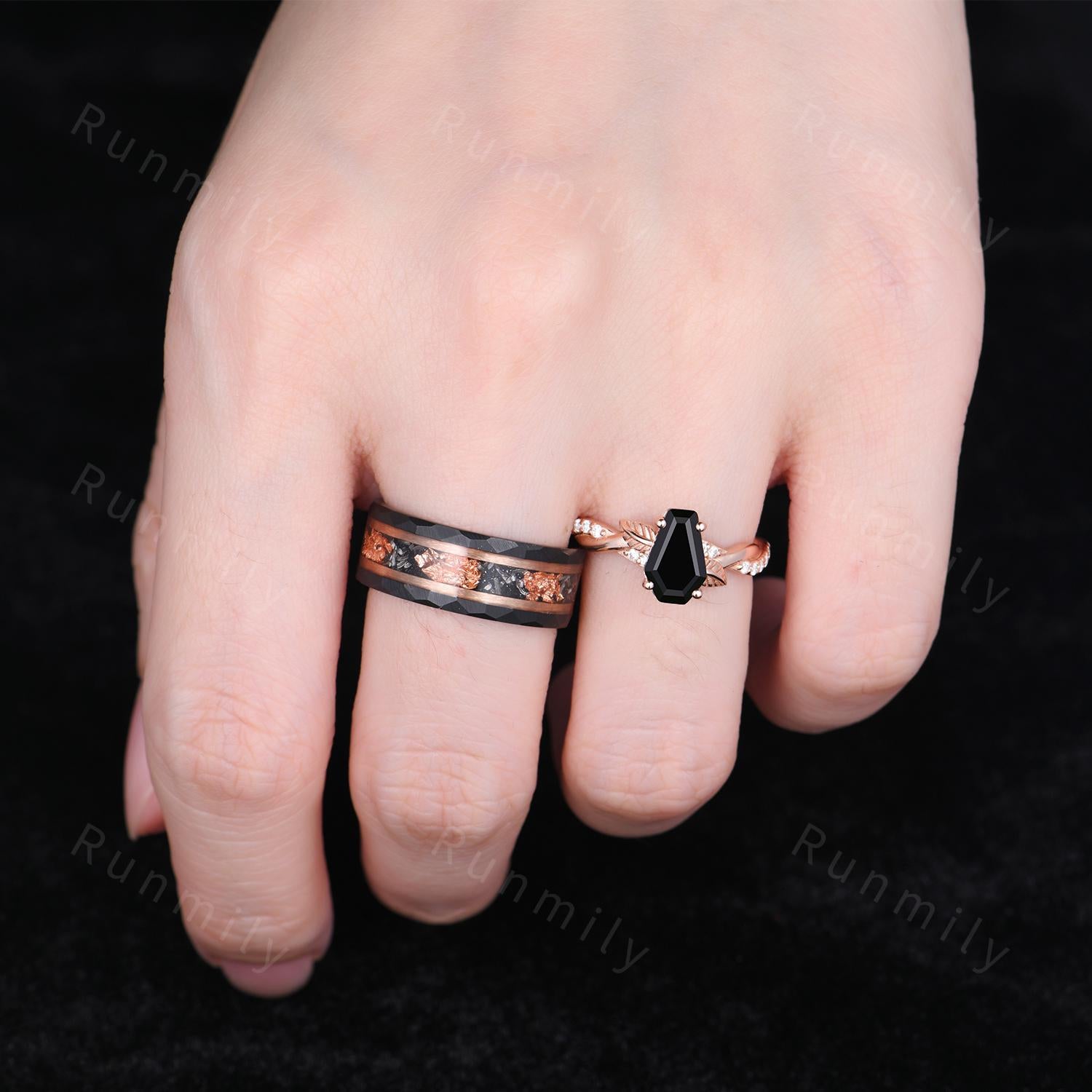 Coffin cut black onyx engagement ring rose gold couples ring set Twisted leaf ring His and Hers wedding band Black Tungsten ring for Husband
