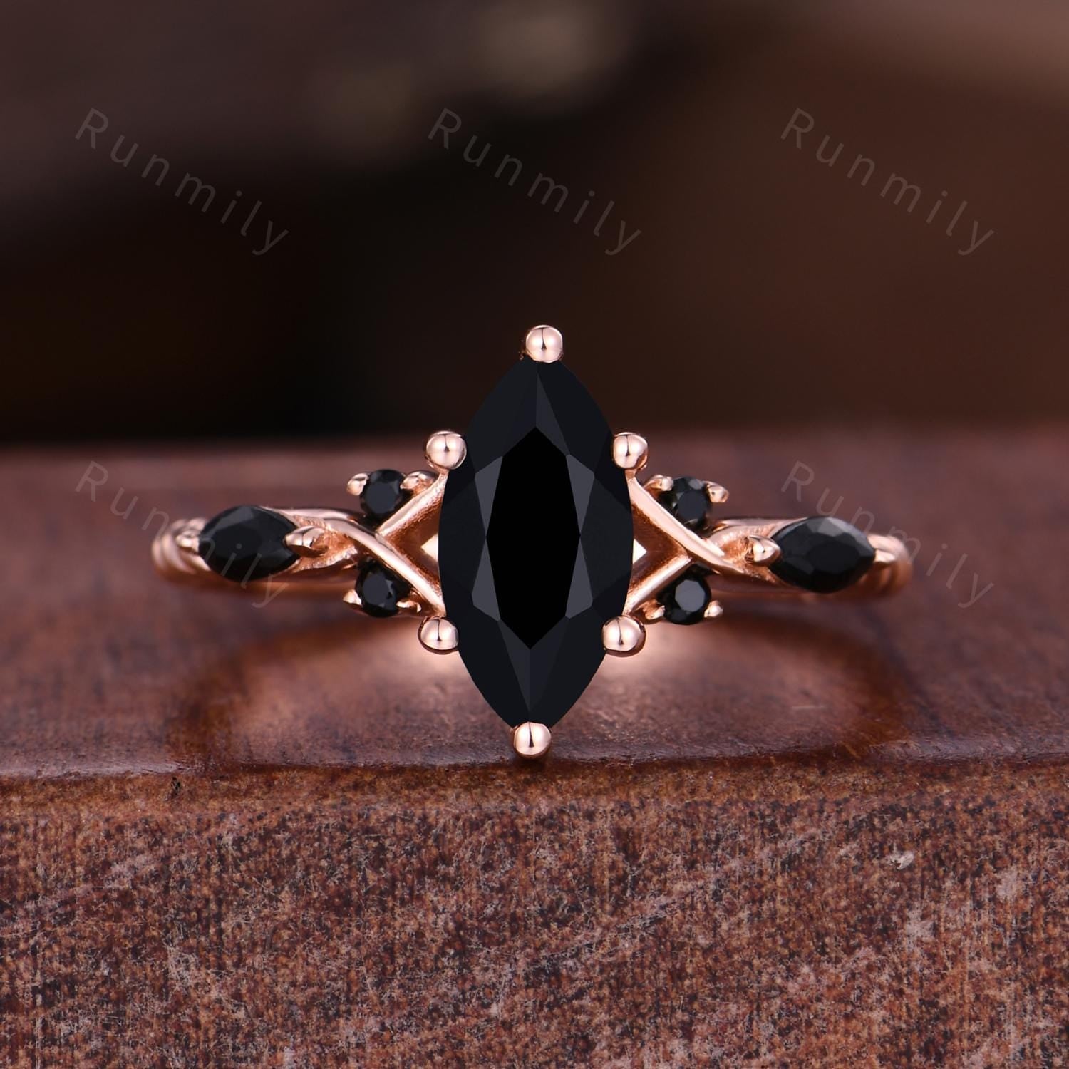 Marquise cut Black Onyx Couples Ring Rose Gold Matching Ring Set His and Hers Wedding Band Promise Ring For Couple Natural Black Gem Rings