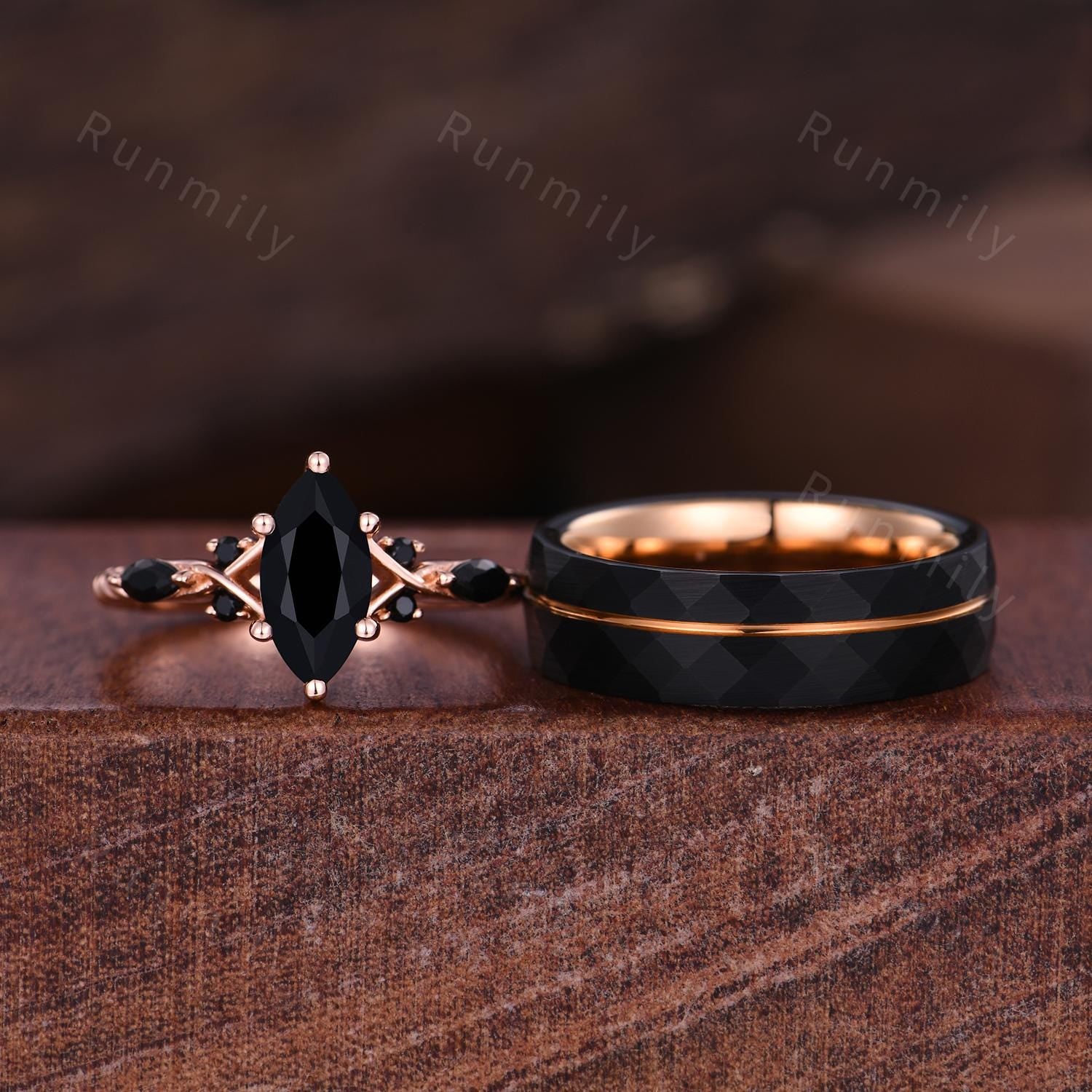 Marquise cut Black Onyx Couples Ring Rose Gold Matching Ring Set His and Hers Wedding Band Promise Ring For Couple Natural Black Gem Rings