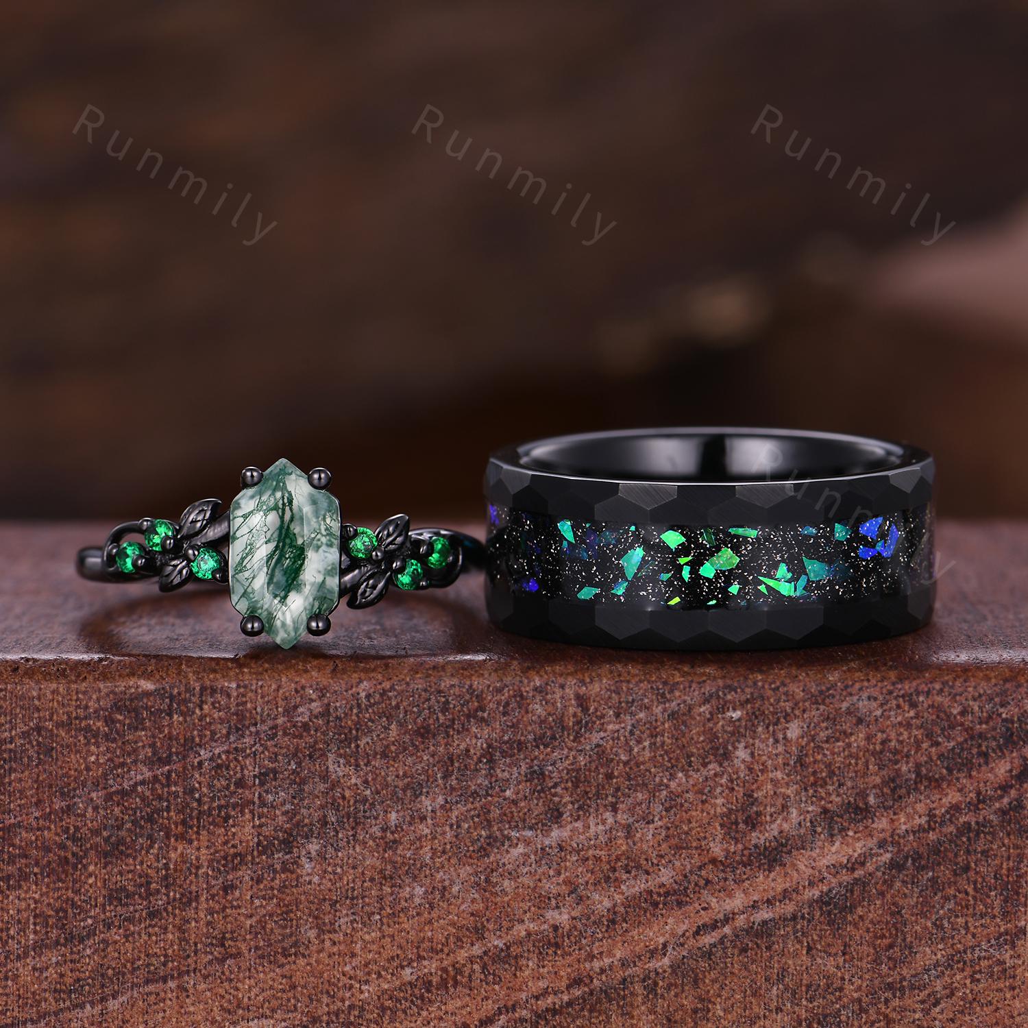 Retro Moss Agate Couple Ring Set Gothic Black Gold Rings His And Hers Wedding Band Unique Green Agate Ring Mens Hammered Ring Promise Rings
