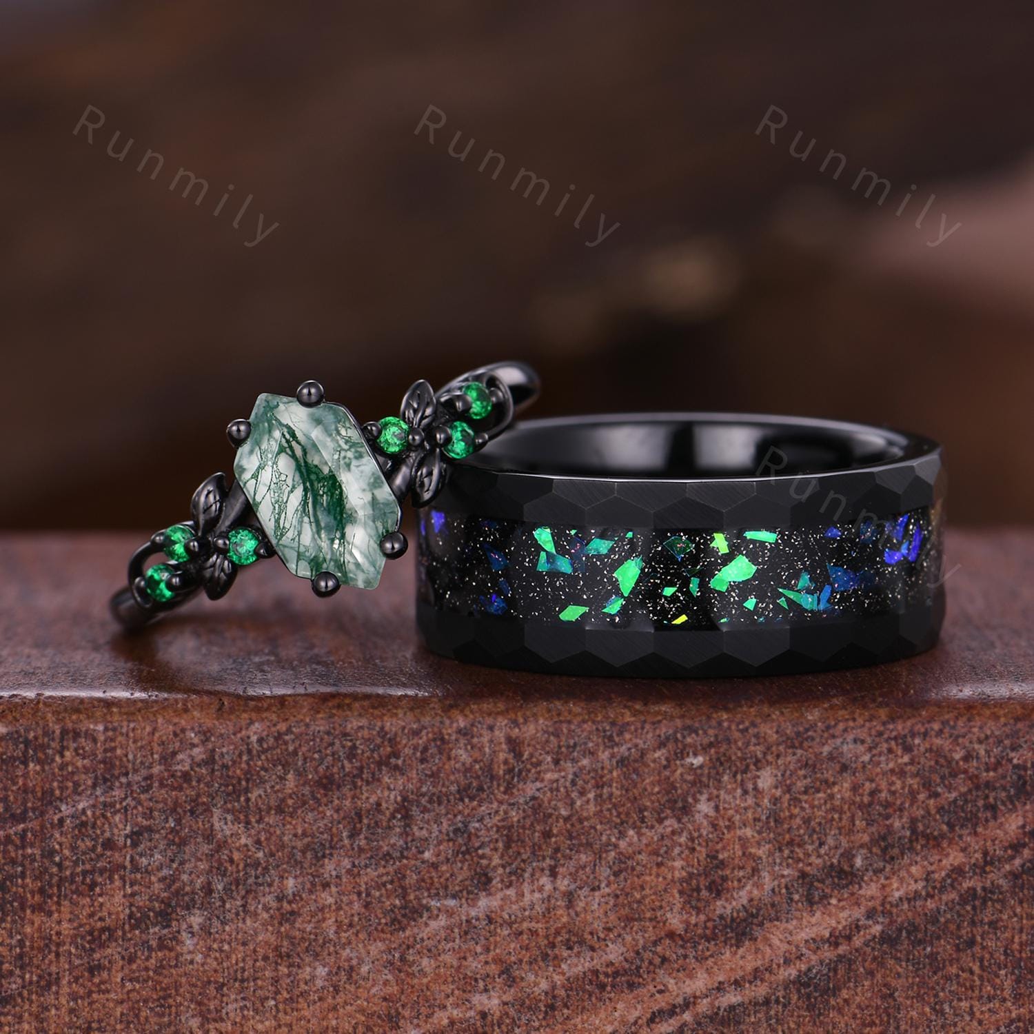 Retro Moss Agate Couple Ring Set Gothic Black Gold Rings His And Hers Wedding Band Unique Green Agate Ring Mens Hammered Ring Promise Rings